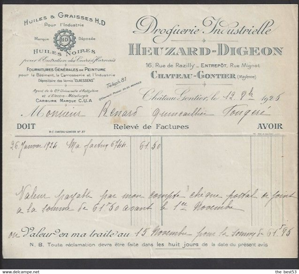 Facture 1925 -  Droguerie Industrielle  Heuzard Digeon 16 Rue De Razilly  à  Chateau Gontier  (53) - Droguerie & Parfumerie
