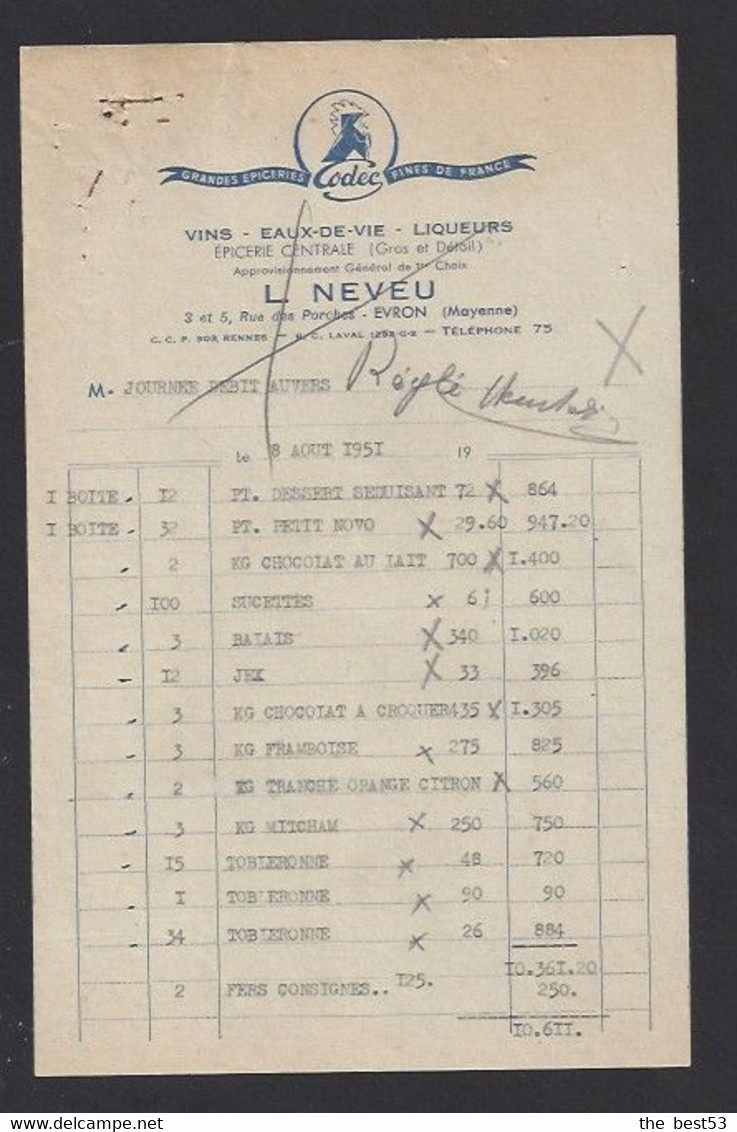 Facture 1951  -  Epicerie Centrale L. Neveu 3 Et 5 Rue Des Porches  (pour Codec)  à  Evron  (53) - Rechnungen