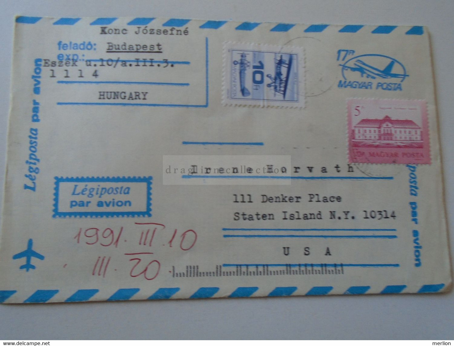 D188347 Hungary Uprated Postal Stationery Cover - Cancel 1991 Budapest -sent To  Staten Island  NY, USA - Covers & Documents