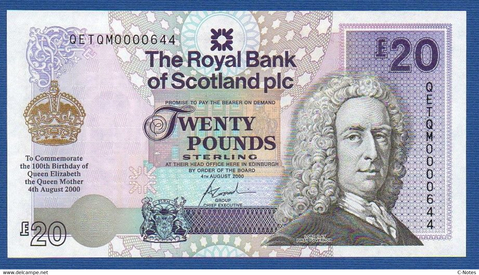 SCOTLAND - P.361 – 20 POUNDS 2000 UNC, Serie QETQM0000644 "Birth Centennial Of Queen Mother" Commemorative Issue -FOLDER - 20 Pounds