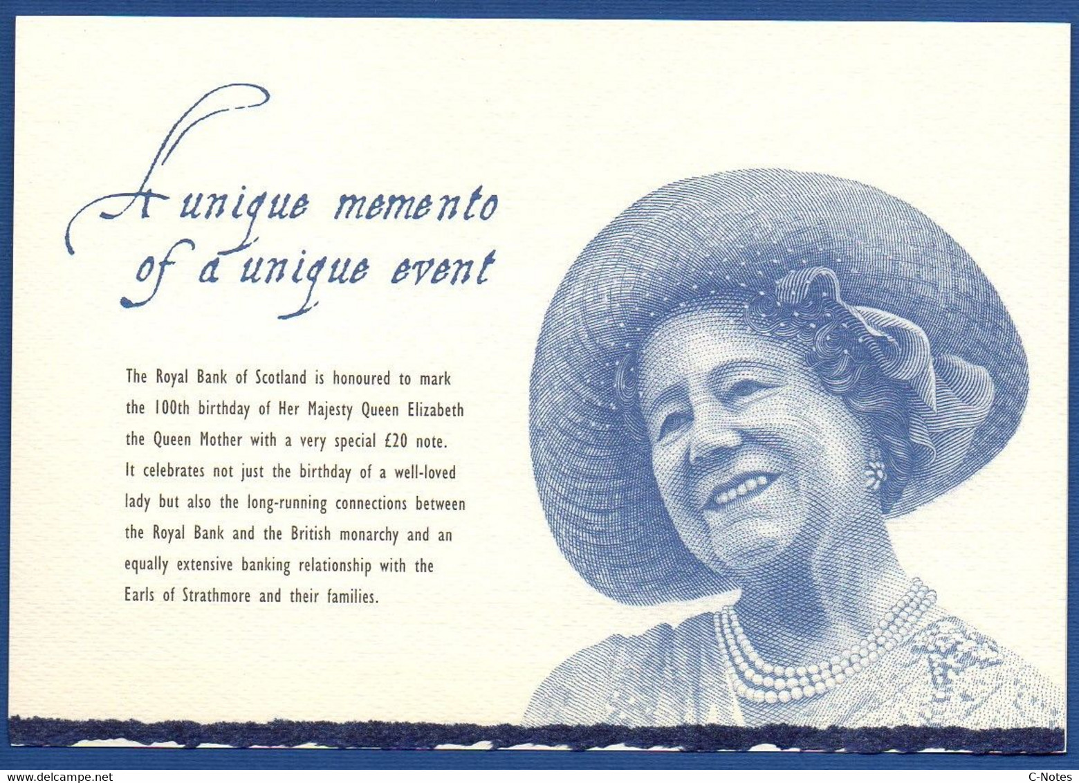 SCOTLAND - P.361 – 20 POUNDS 2000 UNC, Serie QETQM0000644 "Birth Centennial Of Queen Mother" Commemorative Issue -FOLDER - 20 Pounds