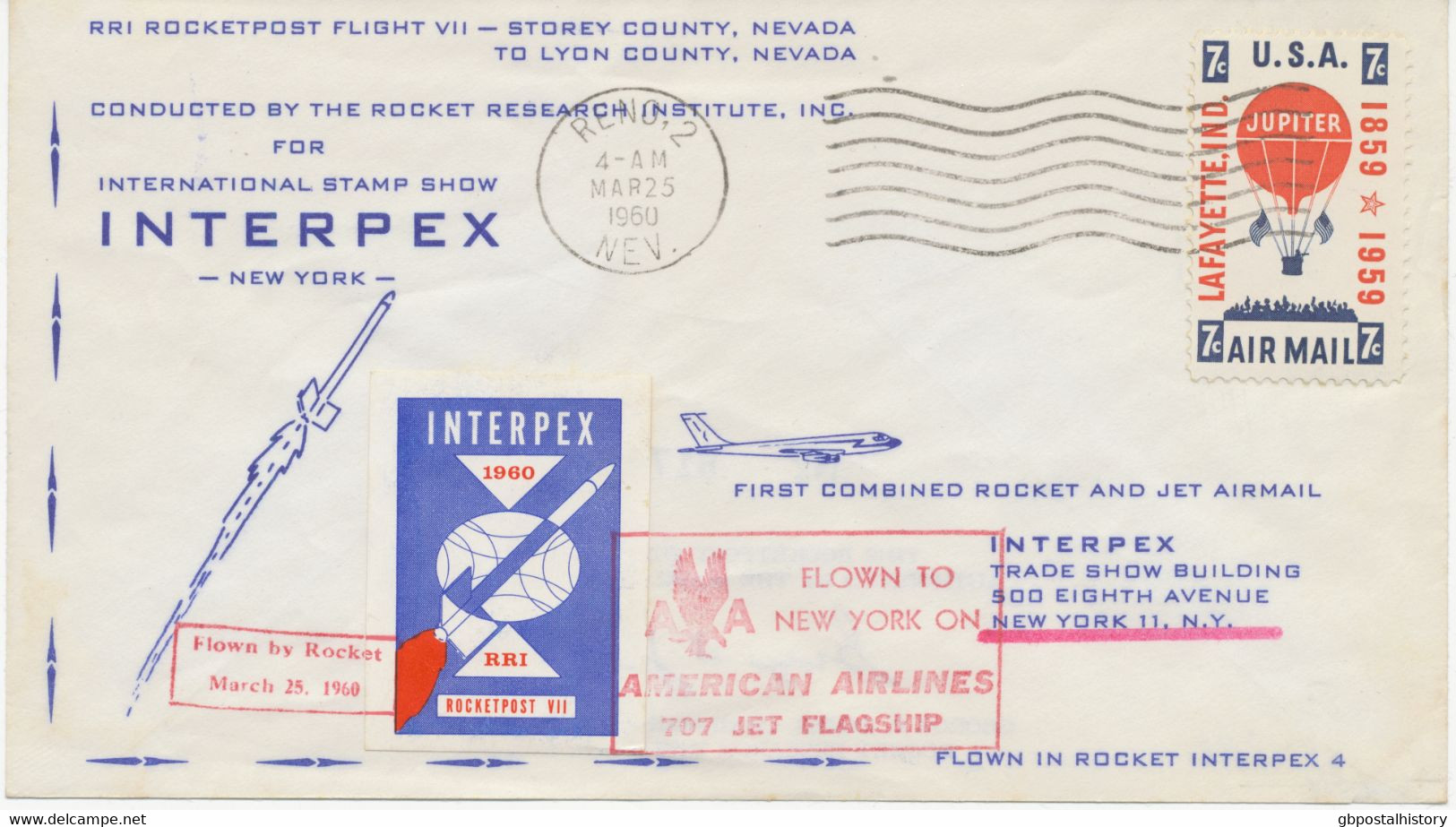 USA 25.3.1960, Selt. Raketenpostflug RRI Flight VII Geflogen In Rakete Interpex 4 "Stotey County, Nevada - Lyon County, - 2c. 1941-1960 Storia Postale