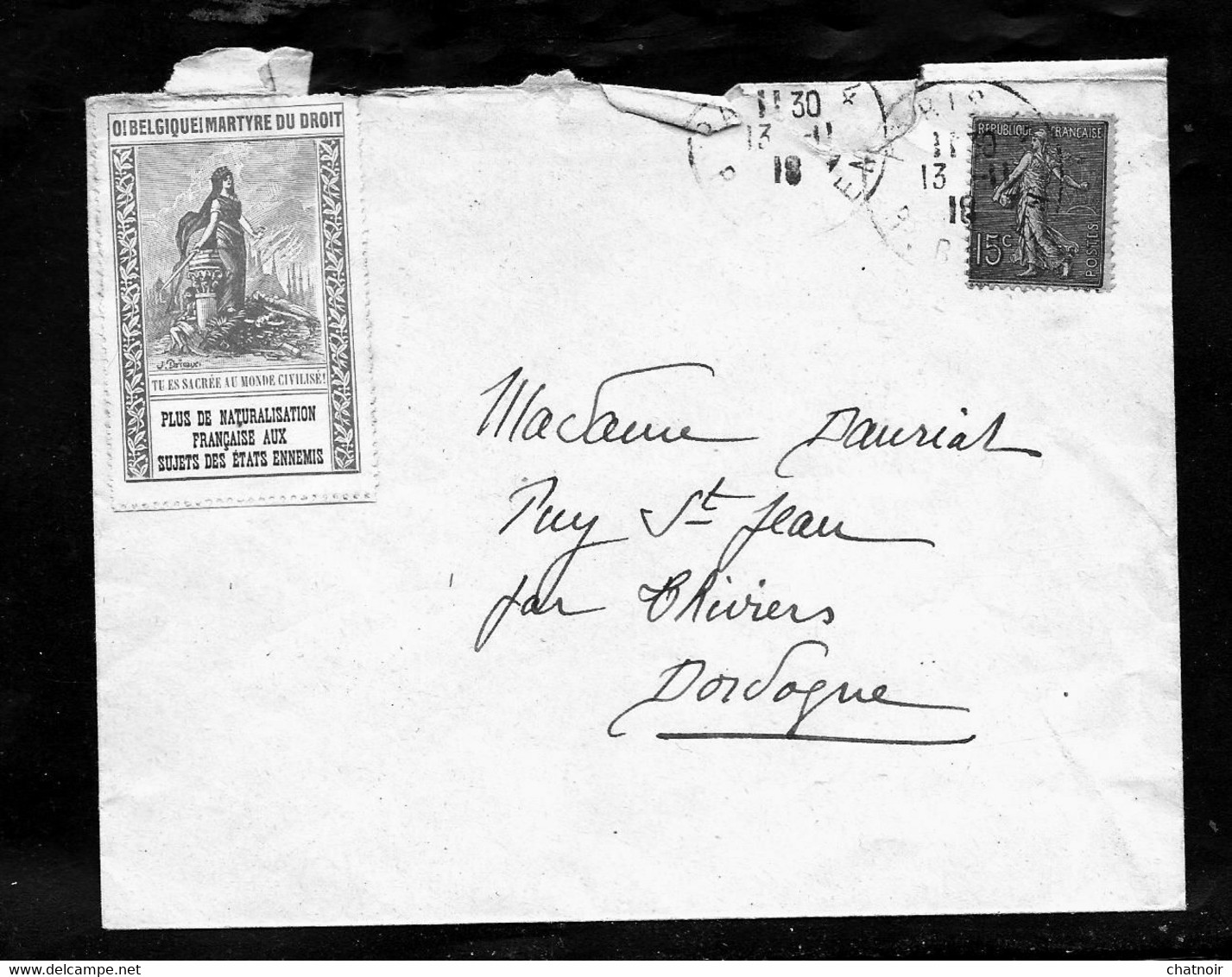 Envel  Avec  Vignette " Belgique  Martyre ..naturalisation ...  "  15 C Semeuse  Oblit  PARIS 1918 - Military Heritage