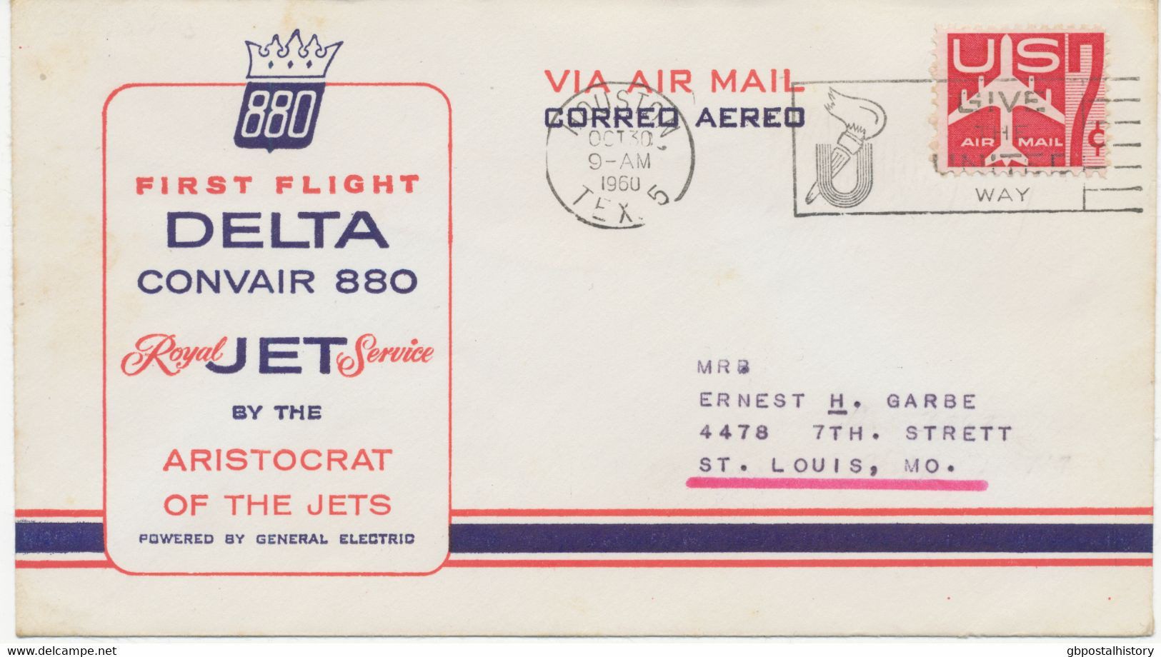 USA 1960, Sehr Selt. Pra.-Erstflug Delta Convair 880 - First Royal Jet Service - "Houston, Texas - St. Louis, Missouri" - 2c. 1941-1960 Cartas & Documentos
