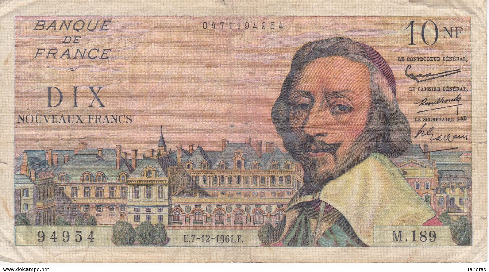 BILLETE DE FRANCIA DE 10 FRANCS DEL 7-12-1961 DE RICHELIEU  (BANKNOTE) - 10 NF 1959-1963 ''Richelieu''