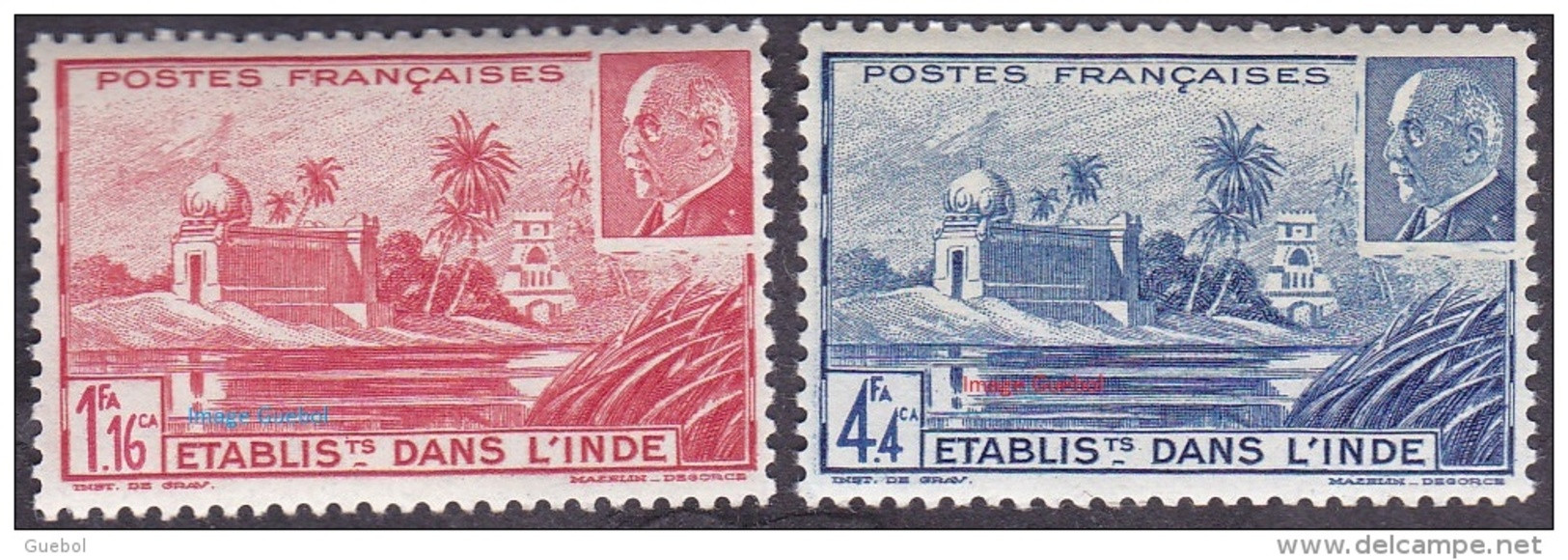 Colonie Fr. Maréchal Pétain Détail De La Série ** Inde N° 126 Et 127 Temple Près De Pondichéry - 1941 Série Maréchal Pétain