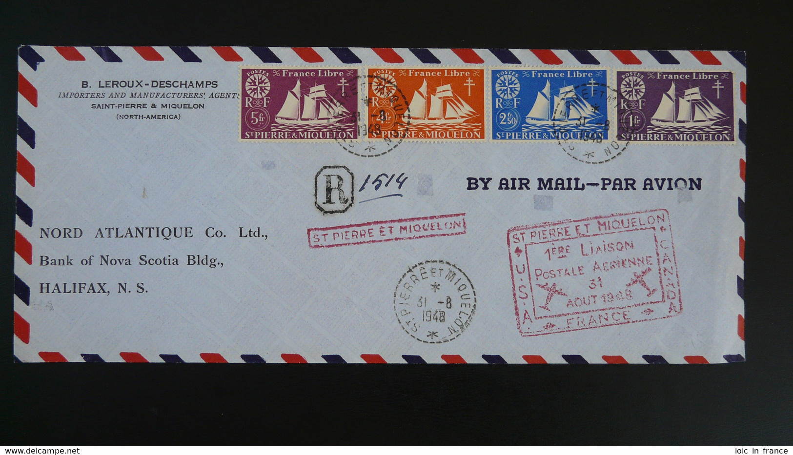 Lettre Recommandée Premier Vol First Flight Cover Saint Pierre Et Miquelon USA Canada 1948 - Covers & Documents