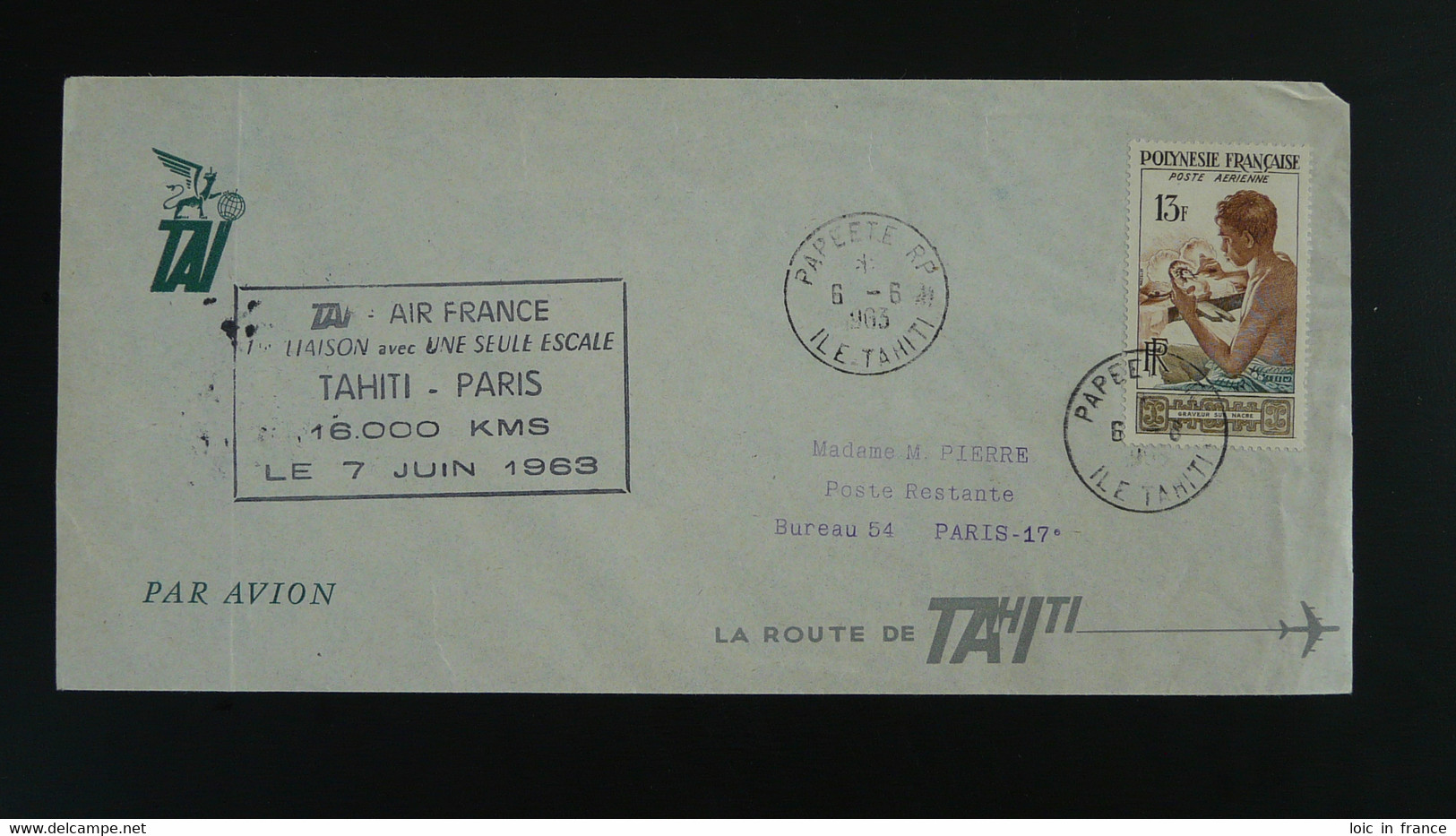 Lettre Premier Vol First Flight Cover Tahiti Paris Air France 1963 Polynésie Française - Covers & Documents