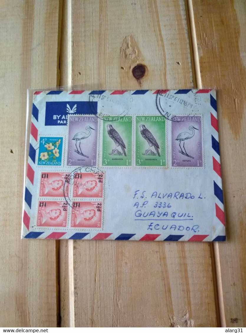 NZ.rare Destine Ecuador.letter 1961.bird Stamps * 2.queen Ovpt*4 Reg Letter.commems Post E7 - Lettres & Documents