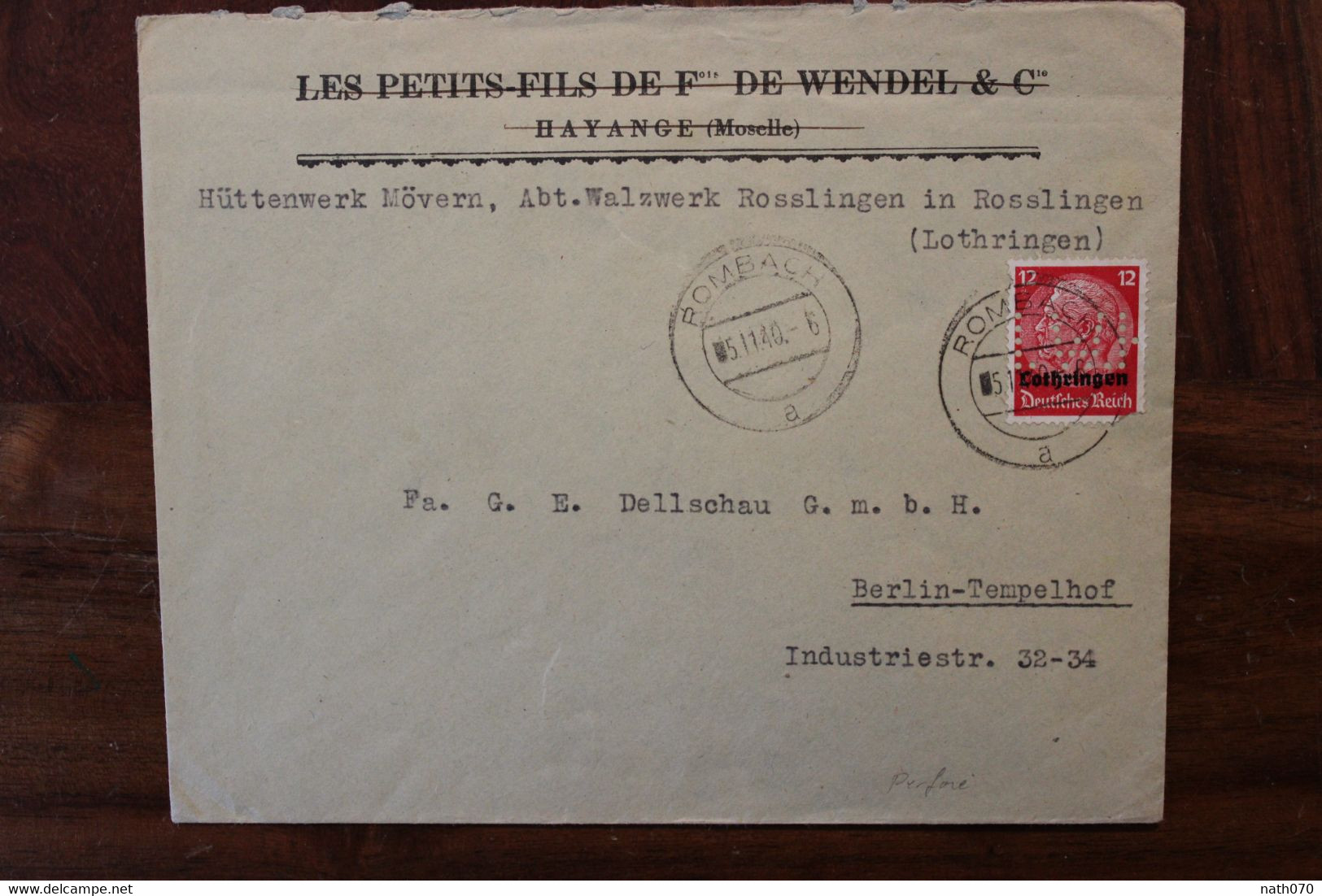 Löthringen 1940 Rosslingen Perfin Stamp Cover Dt Reich Besetzung Occupation Lorraine Timbre Perforé Rosselange Rombach - Lettres & Documents