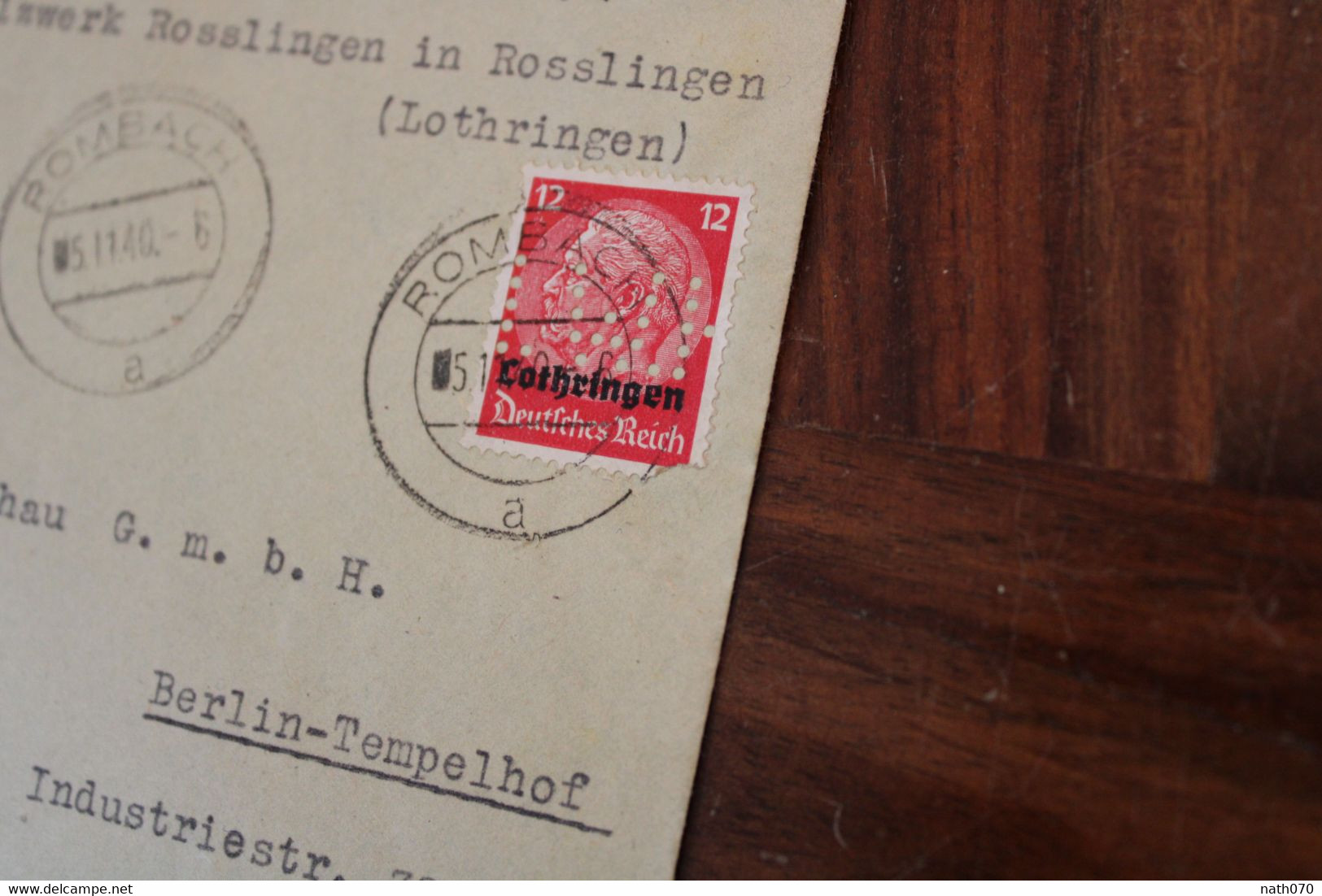 Löthringen 1940 Rosslingen Perfin Stamp Cover Dt Reich Besetzung Occupation Lorraine Timbre Perforé Rosselange Rombach - Covers & Documents