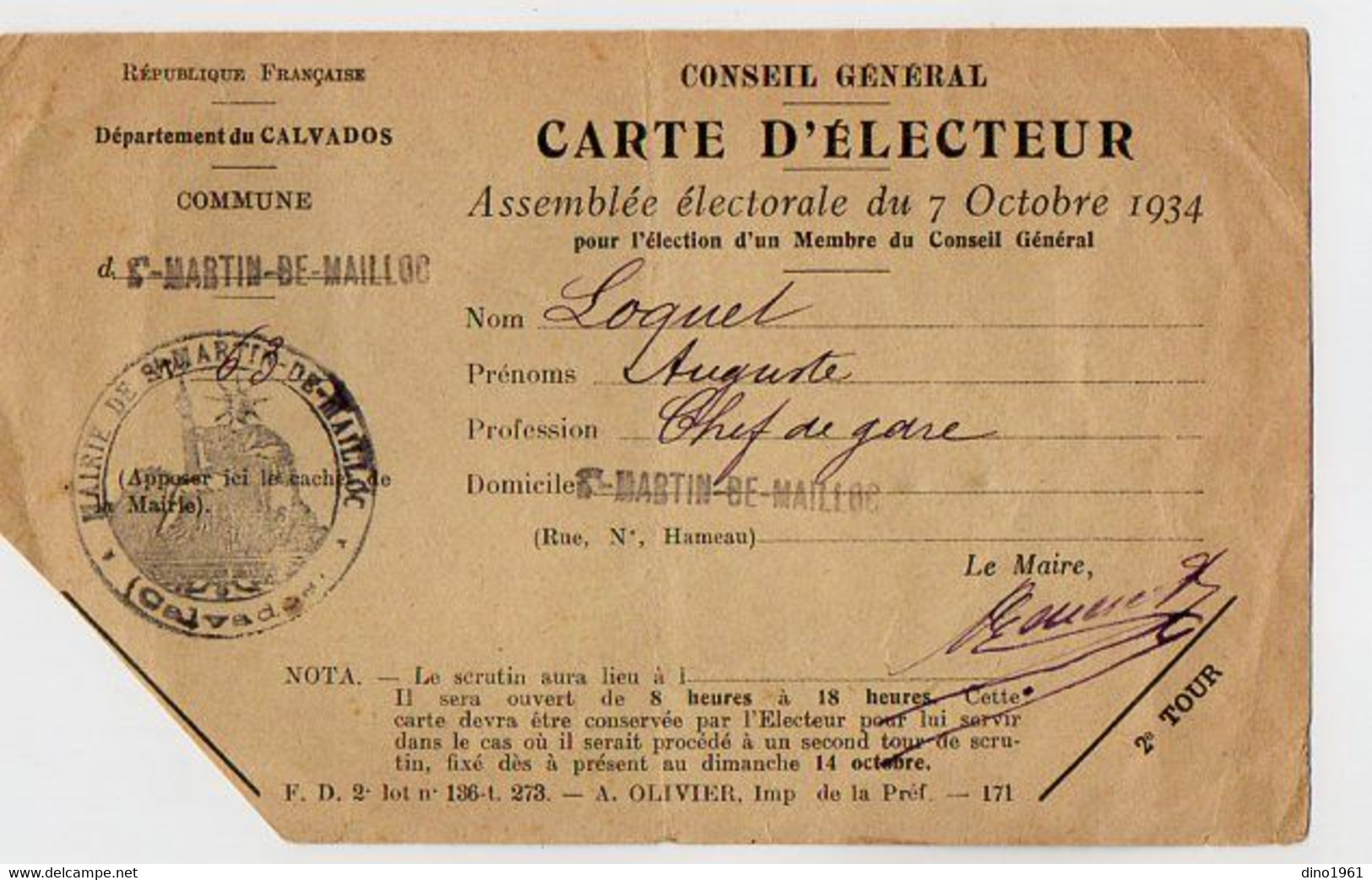 VP19.191 - Mairie De SAINT MARTIN DE MAILLOC 1934 - Carte D' Electeur - Mr LOQUET Chef De Gare - Andere & Zonder Classificatie