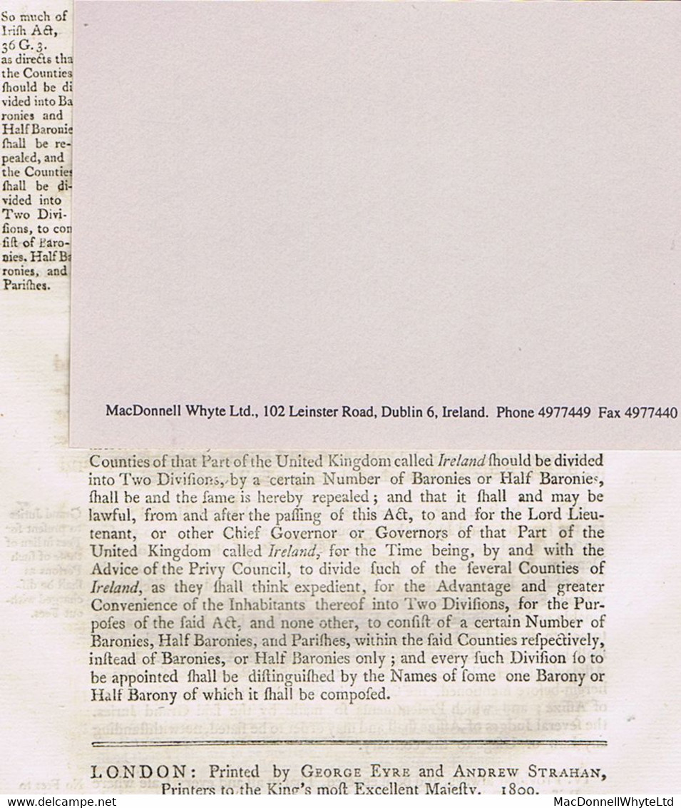 Ireland Parishes Criminal Prosecutions 1809 Act Of Parliament Setting Out Fees For Prosecutions, Plus Division Into Pari - Préphilatélie