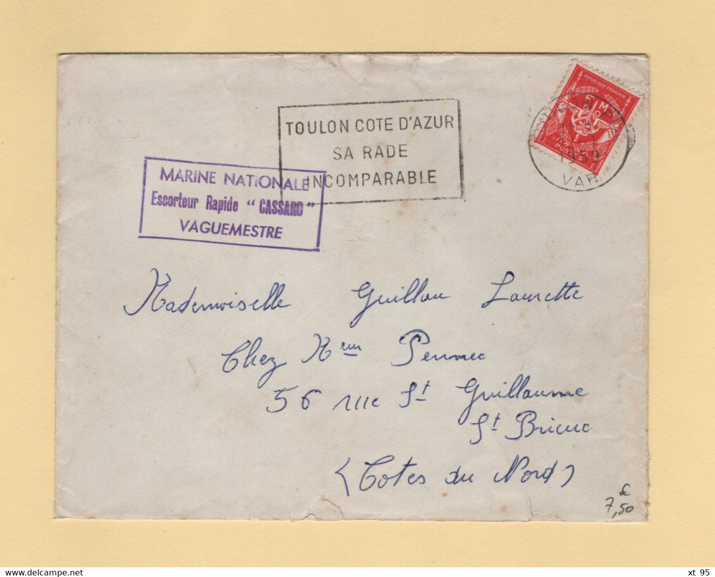 Escorteur Rapide Cassard - Marine Nationale - Toulon - 1959 - Timbre FM - Correo Naval