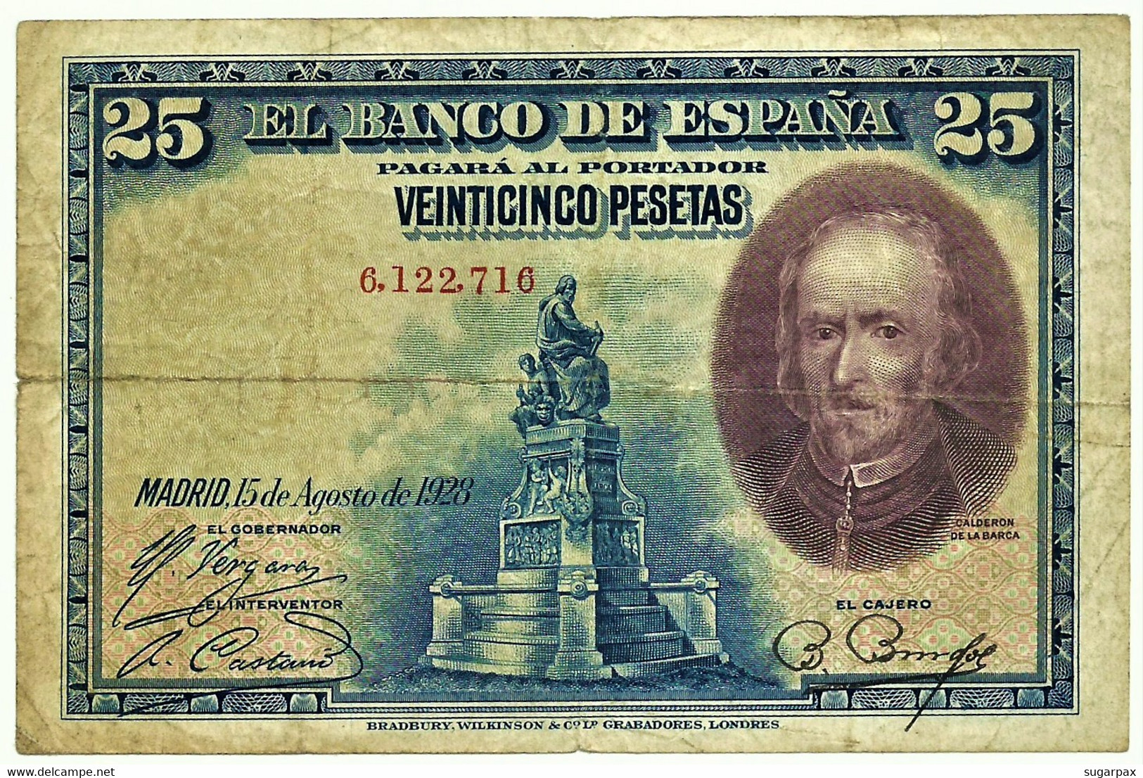 ESPAÑA - 25 Pesetas - 15.08.1928 - Pick 74.a - SIN Serie - Pedro Calderón De La Barca - Kingdom - 1-2-5-25 Peseten