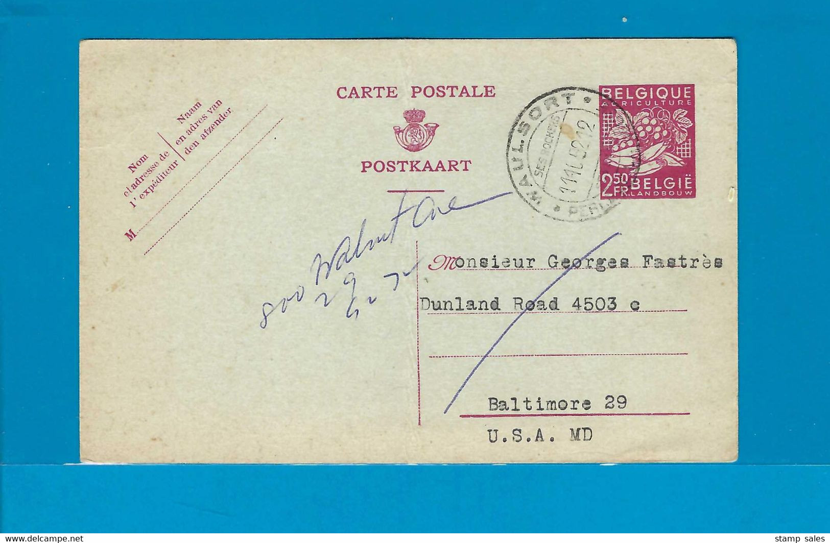 België Export Postkaart Vanuit Waulsort Naar Baltimore (U.S.A.) 1952 UNG - 1948 Export