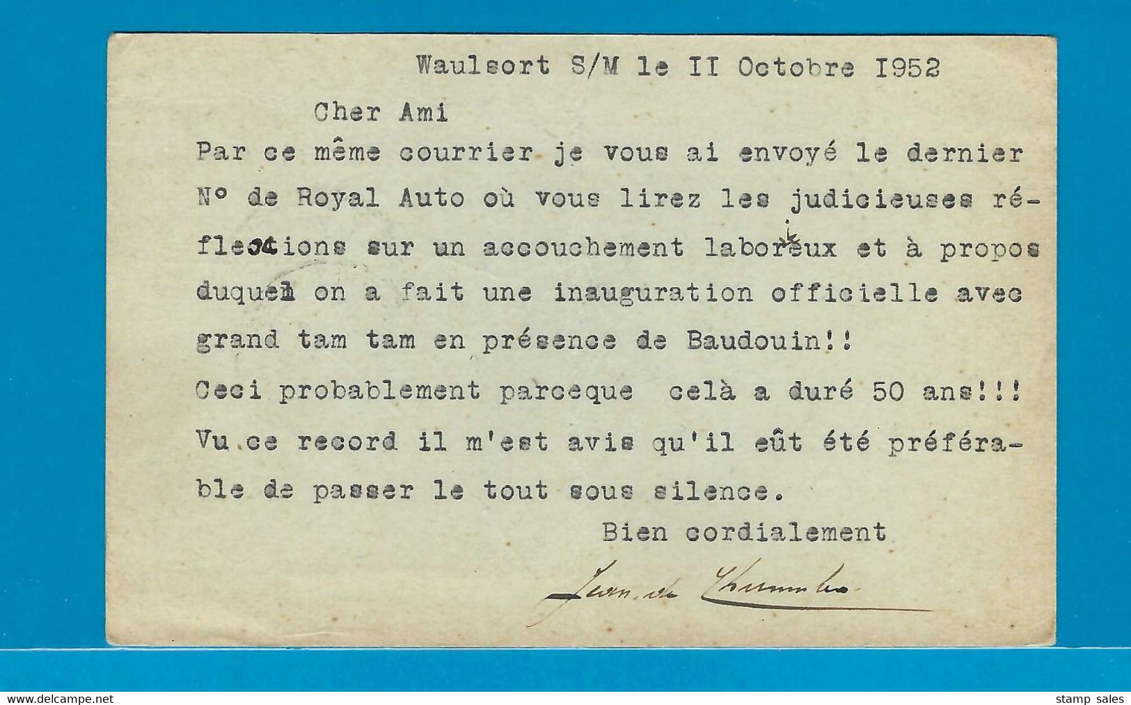 België Export Postkaart Vanuit Waulsort Naar Baltimore (U.S.A.) 1952 UNG - 1948 Export