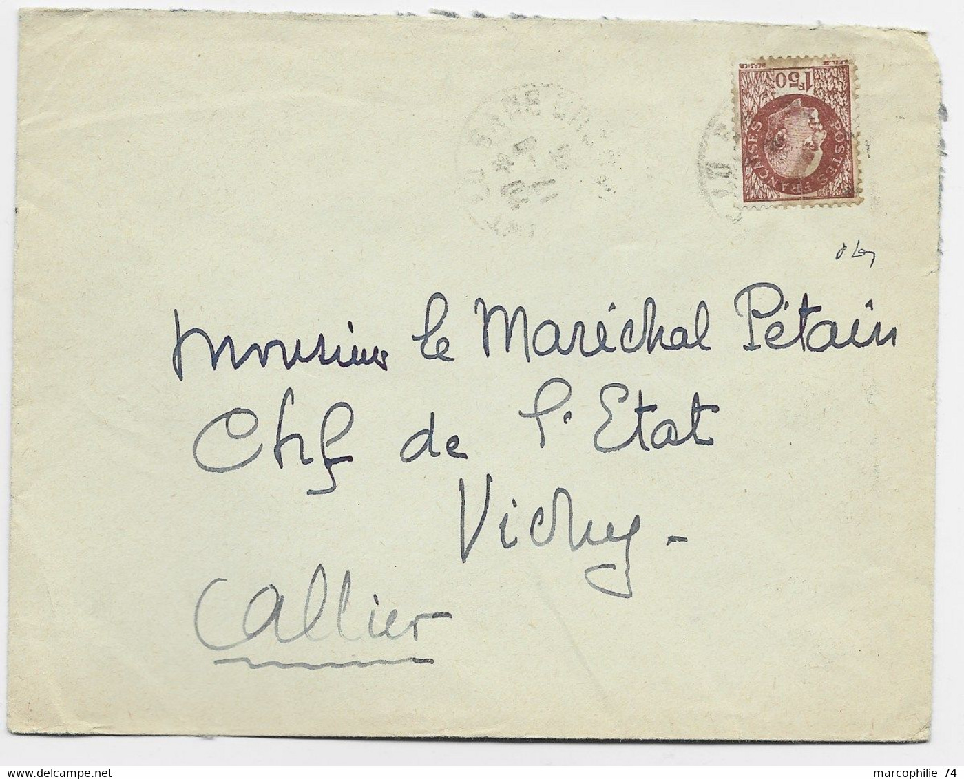 FRANCE PETAIN 1FR50 SEUL LETTRE ?? 1943 ADRESSEE MARECHAL PETAIN A VICHY SIGNE MAYER - 1941-42 Pétain