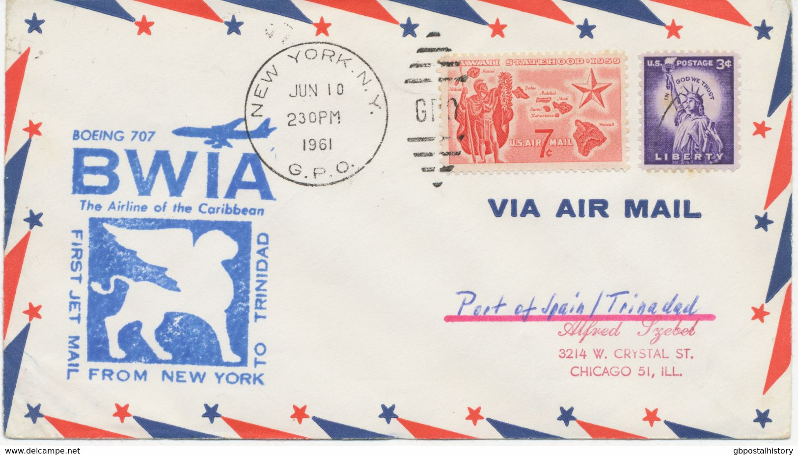 USA 1961 First Flight British West Indian Airways (BWIA) Boeing 707-First Jet Mail - "New York - Port Of Spain, Trinidad - 3c. 1961-... Storia Postale