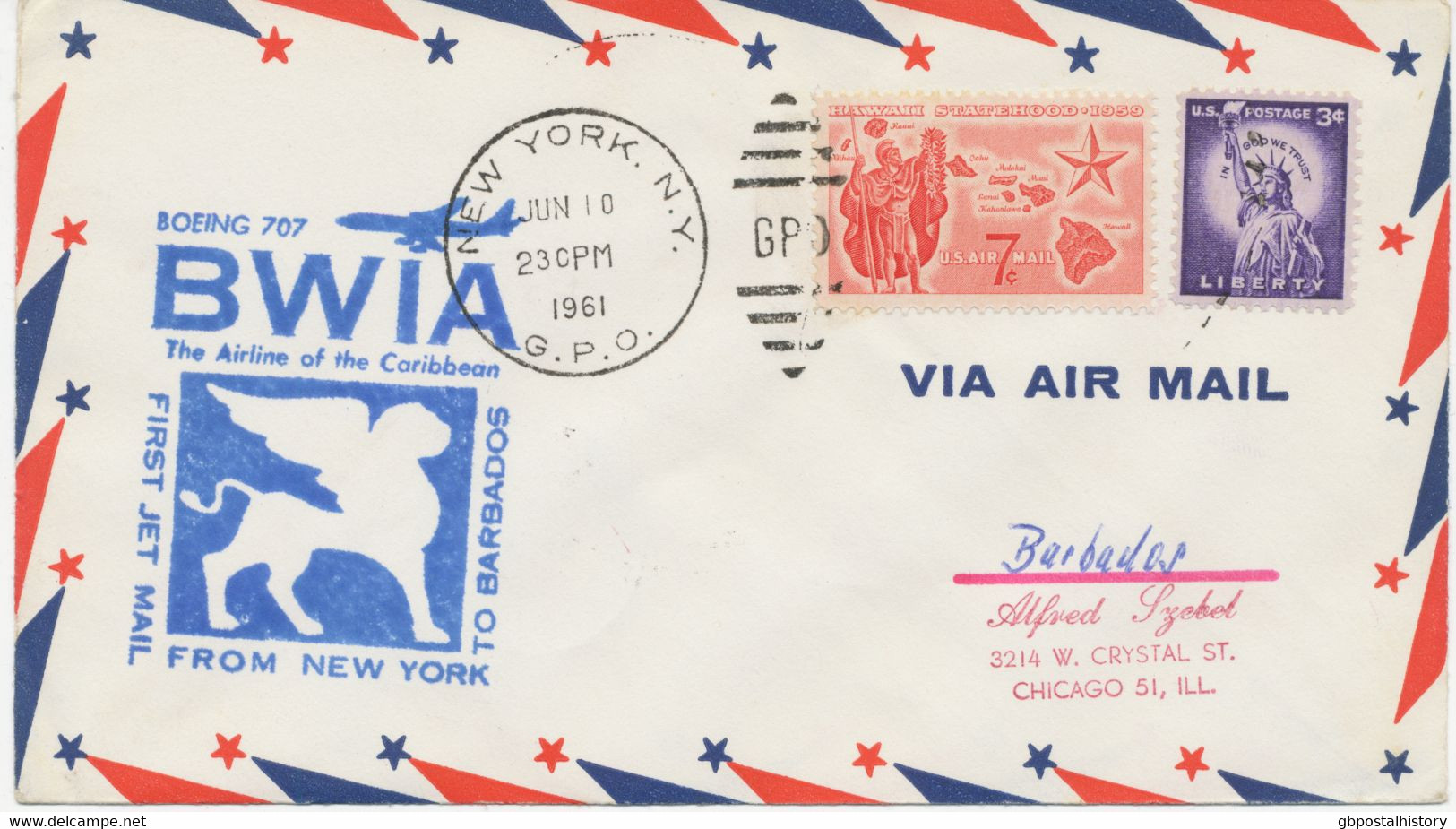 USA 1961 First Flight British West Indian Airways (BWIA) Boeing 707-First Jet Mail - "New York - BARBADOS, West Indies" - 3c. 1961-... Brieven