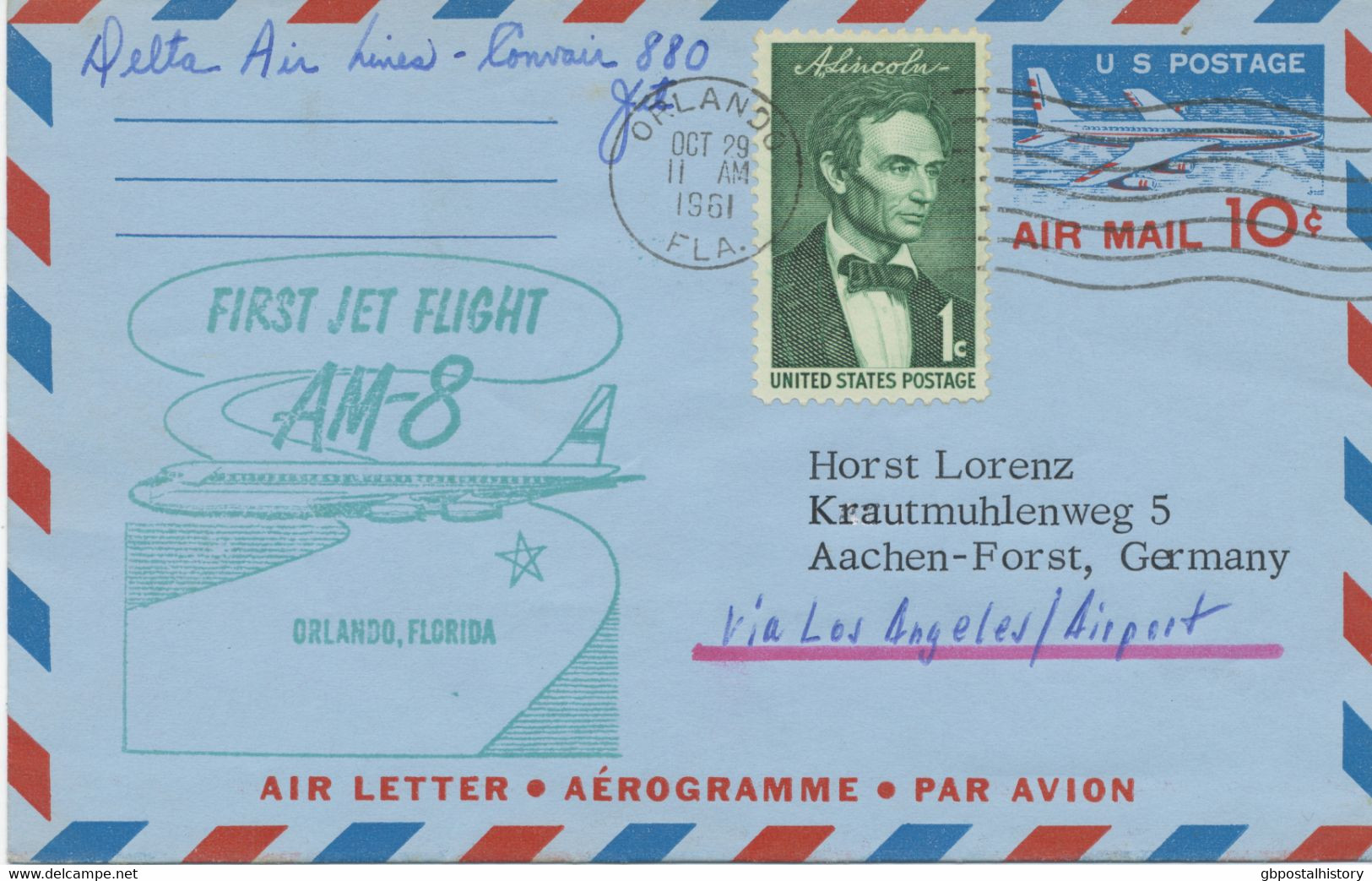 USA 1961, Very Rare Superb First Flight A.M. 8 - First Jet Air Mail Service "Orlando, Florida - Los Angeles, California" - 3c. 1961-... Storia Postale