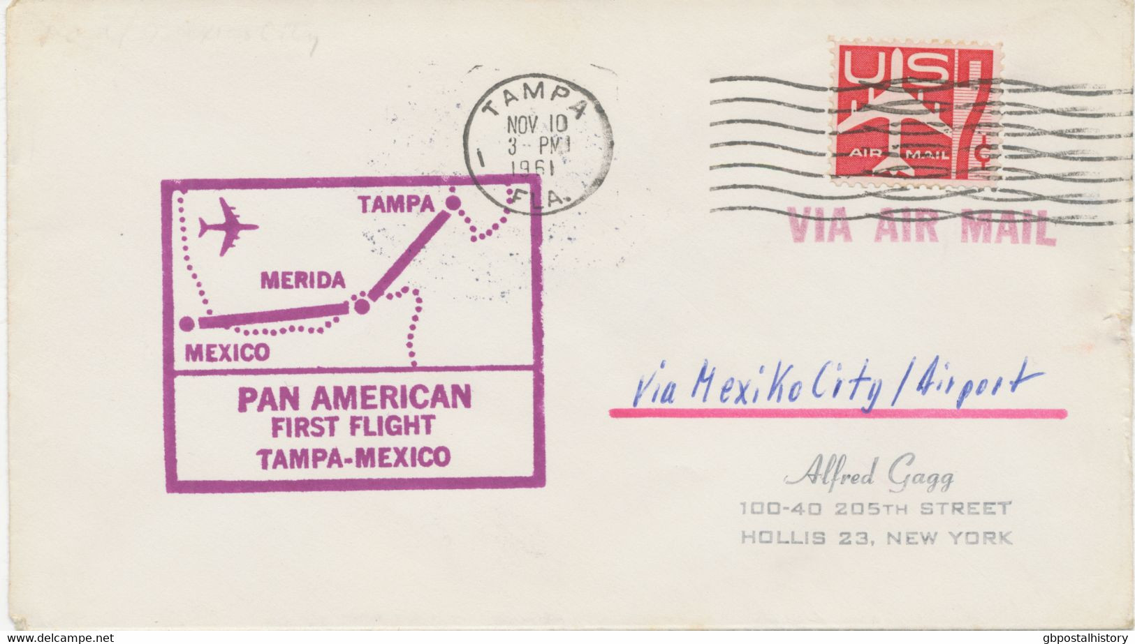 USA 1961, Rare Very Fine First Flight Pan American Airways "Tampa, Florida - Mexico City, Mexico" Franked With Airmail - 3c. 1961-... Lettres