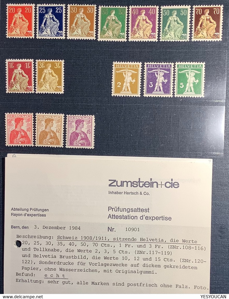 1908-1911 SELTENE SONDERDRUCKE POSTFRISCH ** ! ZNr SOD108-122 Sitzende Helvetia, Tellknabe, Brustbild (Attest Schweiz - Unused Stamps
