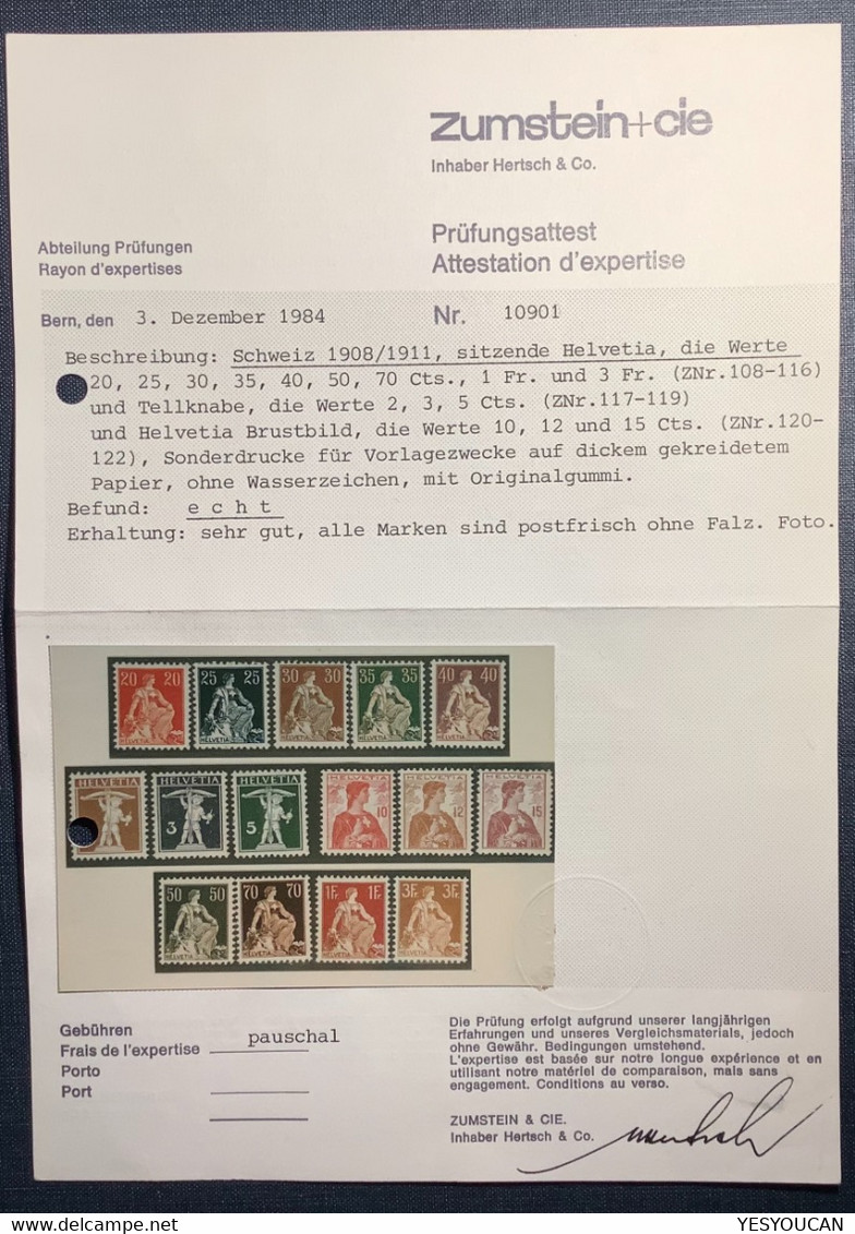 1908-1911 SELTENE SONDERDRUCKE POSTFRISCH ** ! ZNr SOD108-122 Sitzende Helvetia, Tellknabe, Brustbild (Attest Schweiz - Unused Stamps