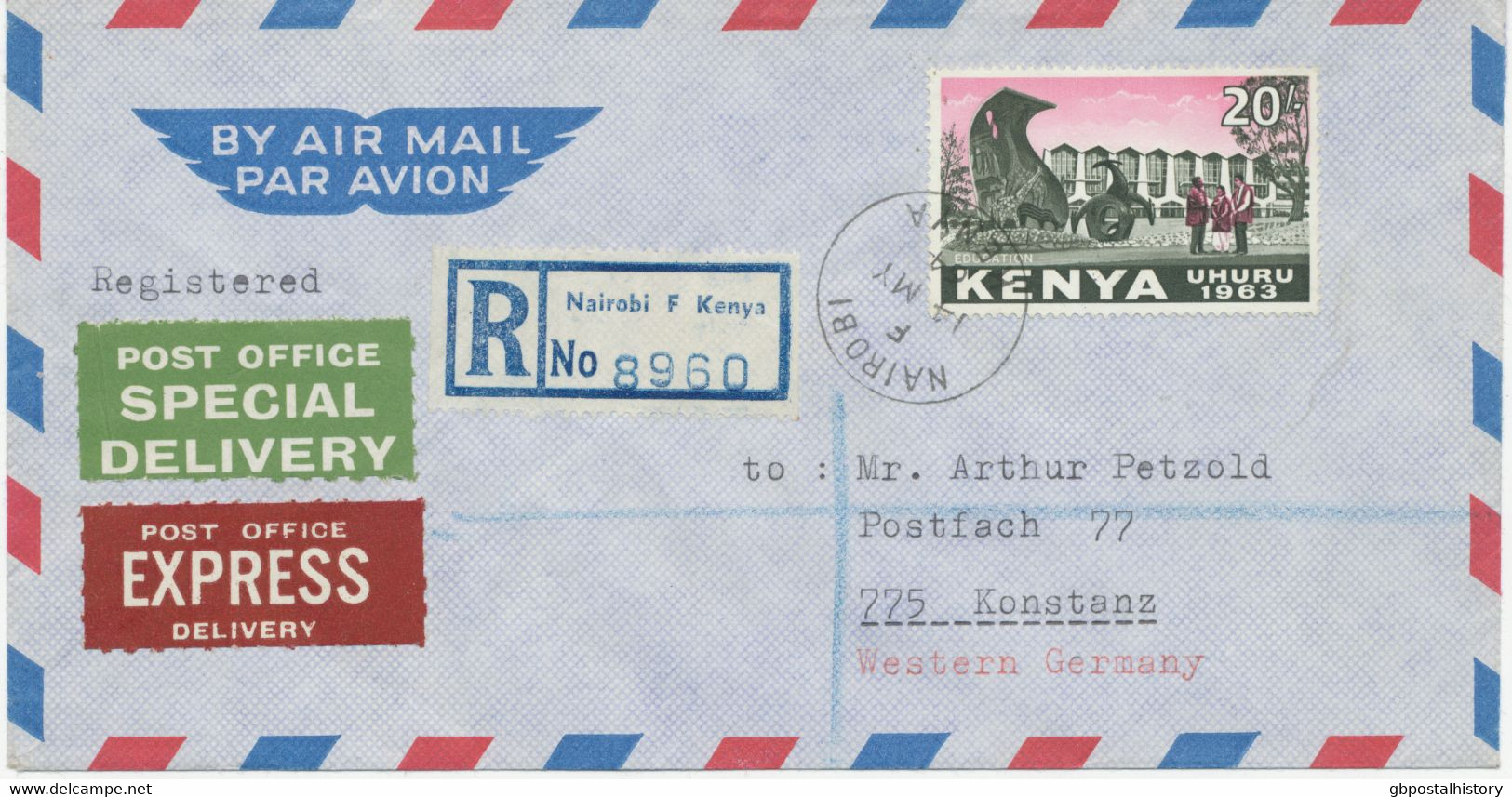 KENYA 1964 First Definitive 20 Sh. Education Extremely Rare Single Postage On Superb Registered Special Express Delivery - Kenia (1963-...)