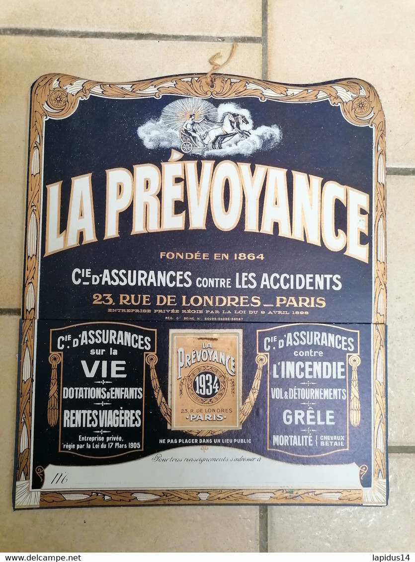 CALENDRIER VIDE POCHE -LA PREVOYANCE Cie ASSURANCES  1934  ( 32 Cm X 27,50 Cm) - Grand Format : 1921-40