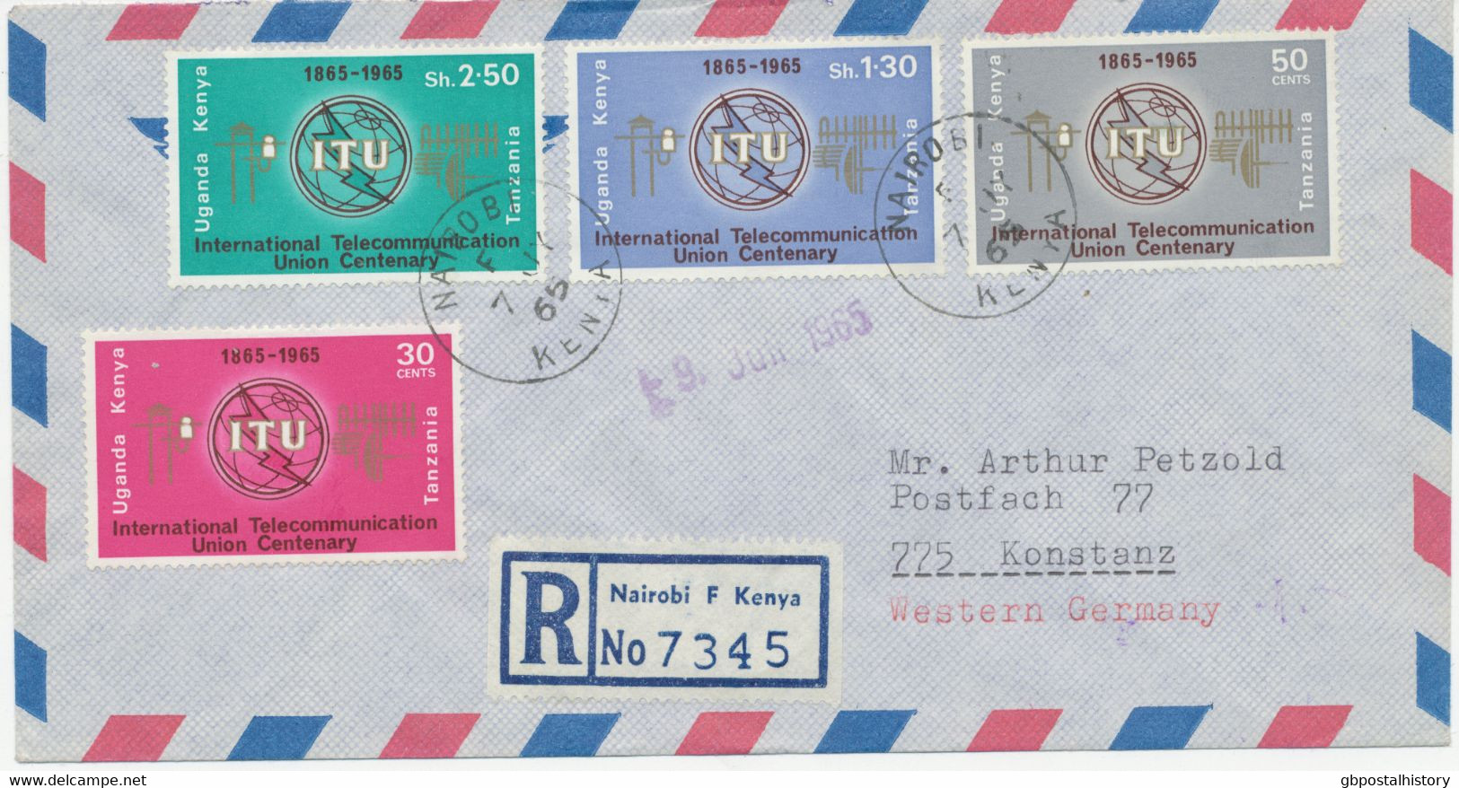 KENYA UGANDA TANZANIA 1965 International Telecommunication Union Centenary (I.T.U.) Complete Superb Registered Airmail - Kenya, Ouganda & Tanzanie