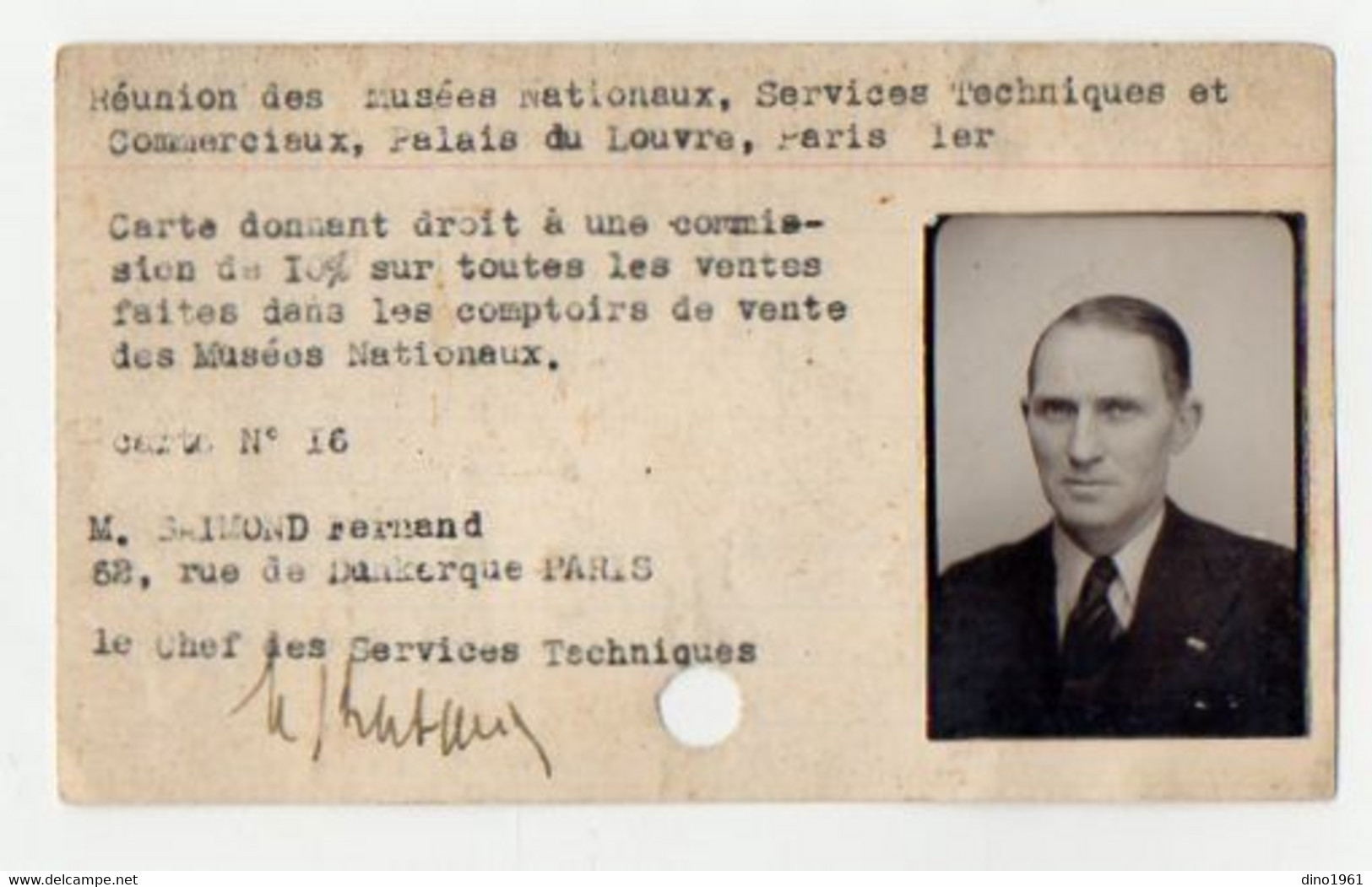 VP19.193 - PARIS / Palais Du Louvre - Carte Des Musées Nationaux - Mr Fernand SAIMOND Chef Des Services Techniques - Autres & Non Classés