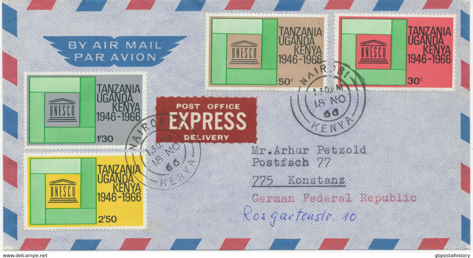KENYA UGANDA TANZANIA 1966, 20 Th Anniversary Of U.N.E.S.C.O. Complete On Superb Express Delivery Airmail Cover - Kenya, Ouganda & Tanzanie
