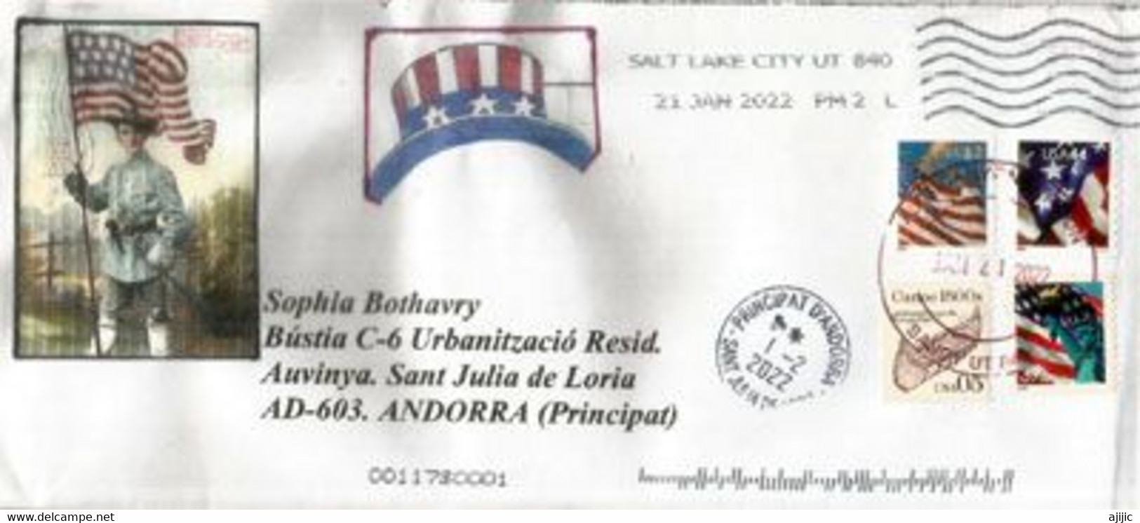 Letter From Salt Lake City. Stars & Stripes Flag New Stamps., Letter Sent To Andorra (Principality) With Local Postmark - Storia Postale