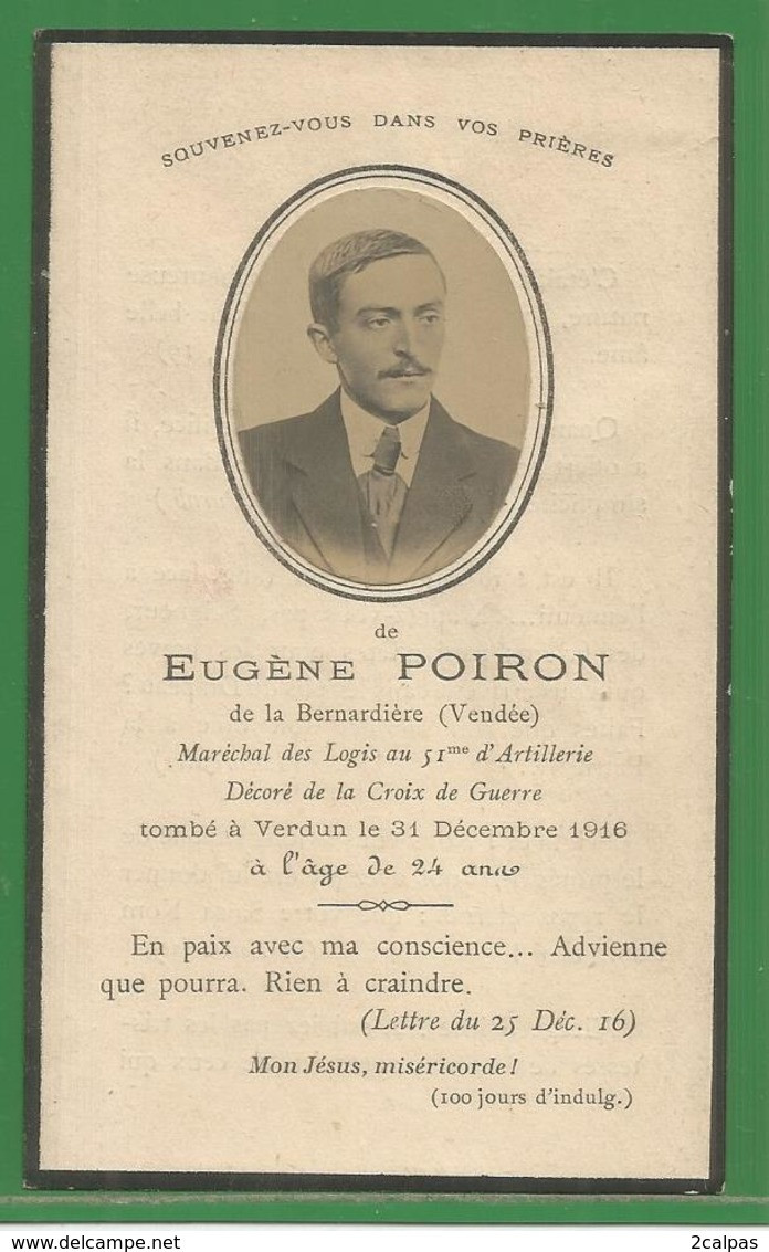 Souvenir Mortuaire Avec Photo : Mort Pour La France A Verdun En 1916 - Eugène Poiron De La Bernardière Vendée Guerre - Santini
