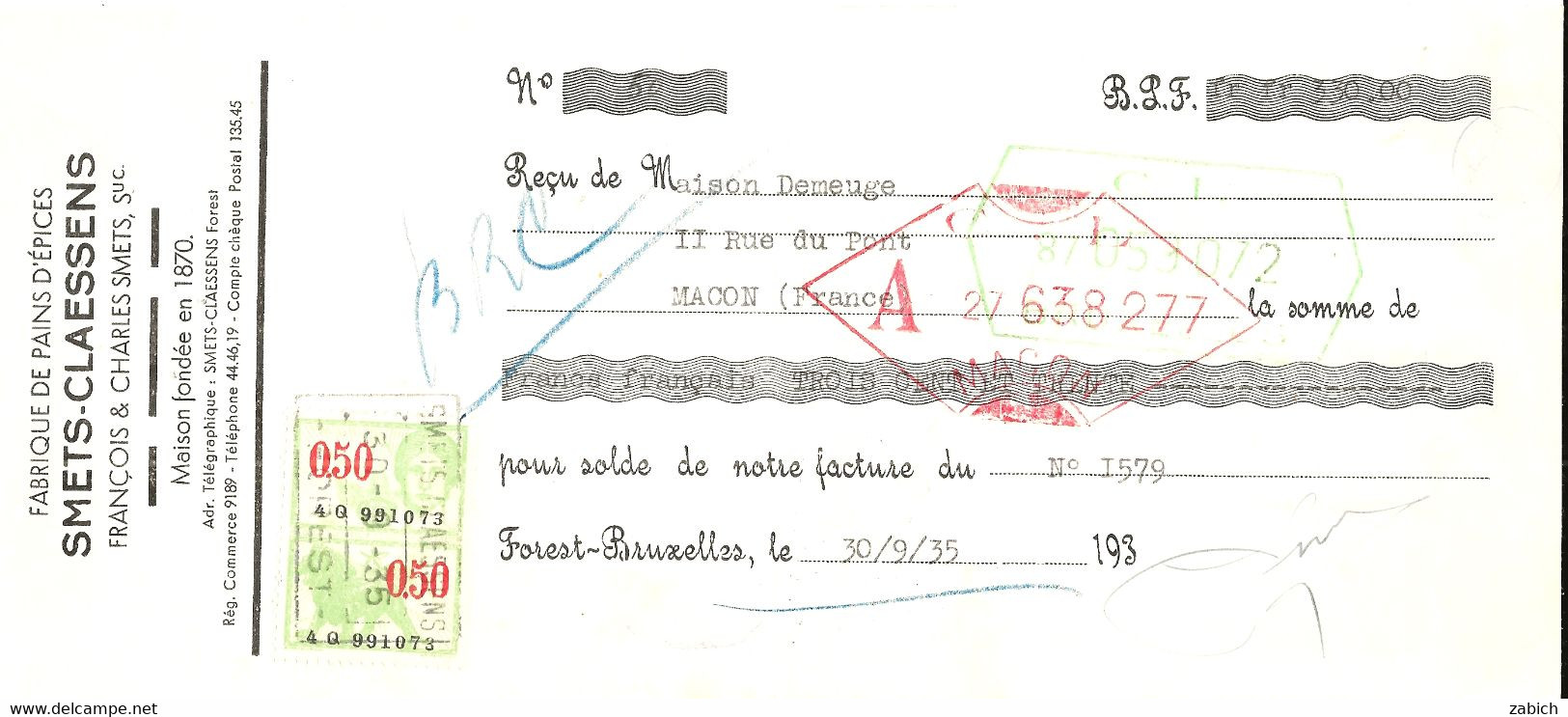 FISCAUX BELGIQUE Reçu De 1935  050 Vert - Documents