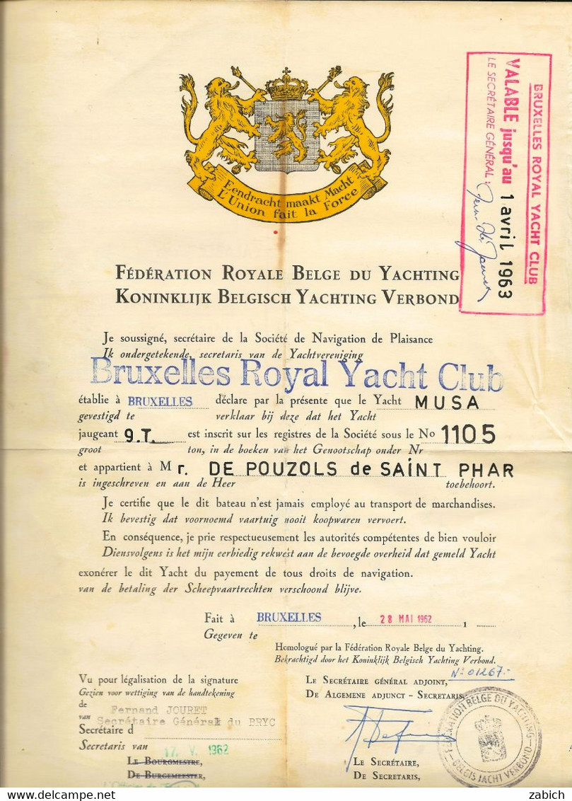 FISCAUX BELGIQUE BRUXELLE ROYAL YACHT CLUB ATTESTATION DE 1962 - Documenten