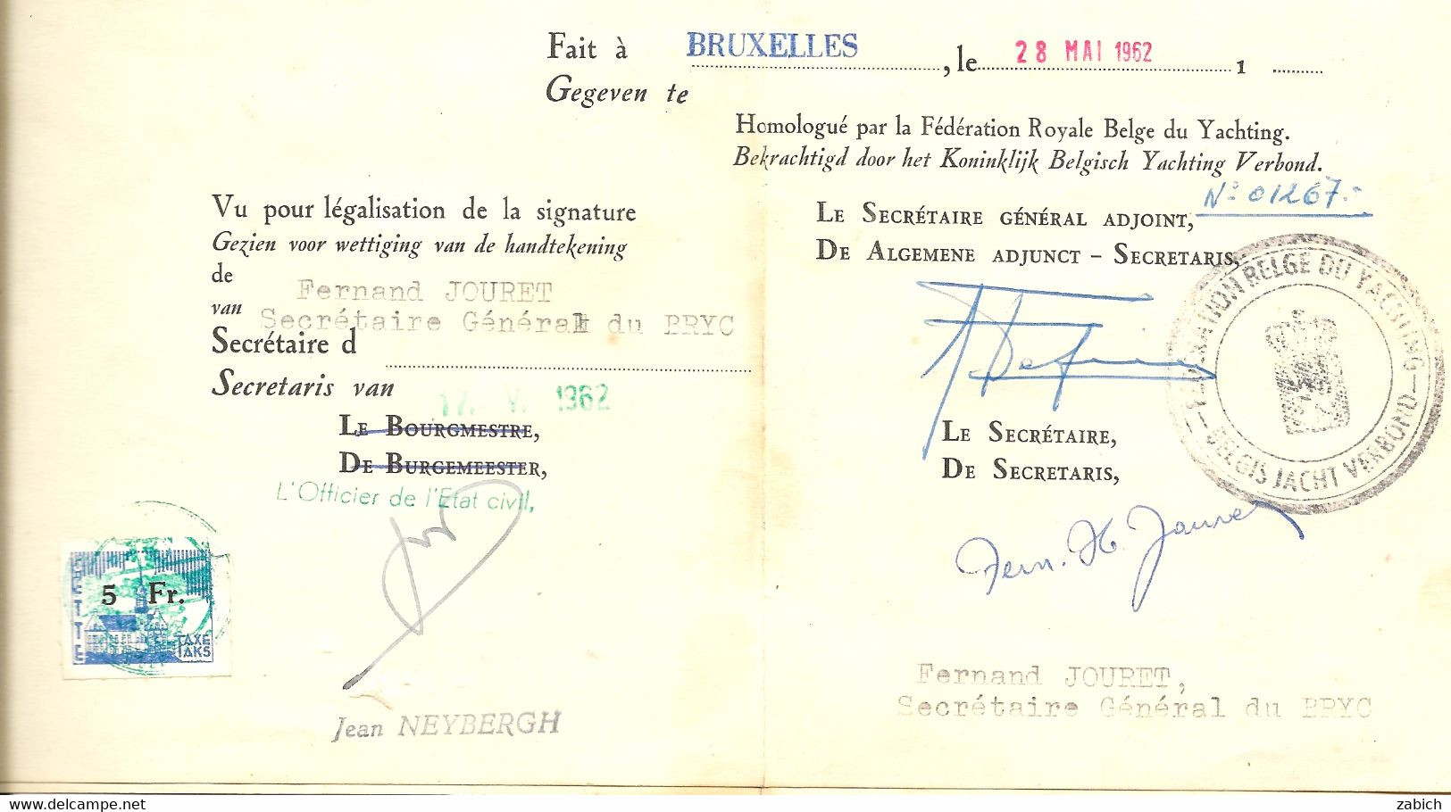 FISCAUX BELGIQUE BRUXELLE ROYAL YACHT CLUB ATTESTATION DE 1962 - Dokumente