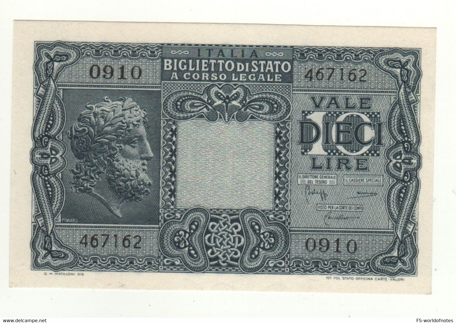 ITALY  10 Lire   P32c   "Jupiter At Front + Allegorical Figures At Back"   (Biglietto Di Stato 1935-44  ) - Italia – 10 Lire