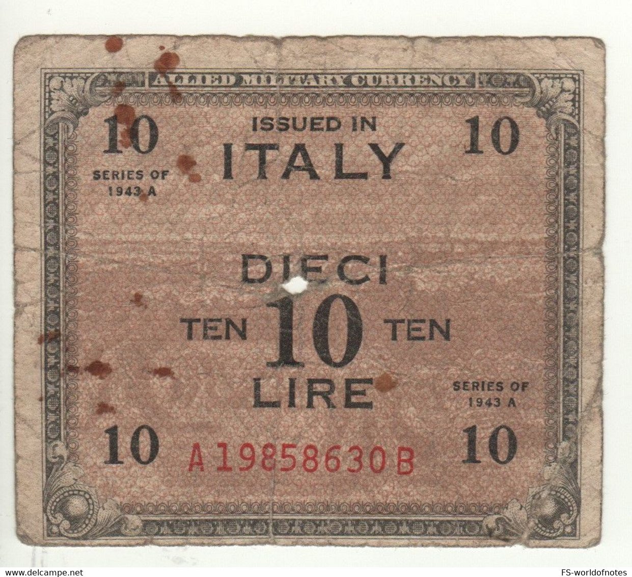 ITALY  10 AMLire   PM19b    Allied Military Currency  1943 A - Allied Occupation WWII