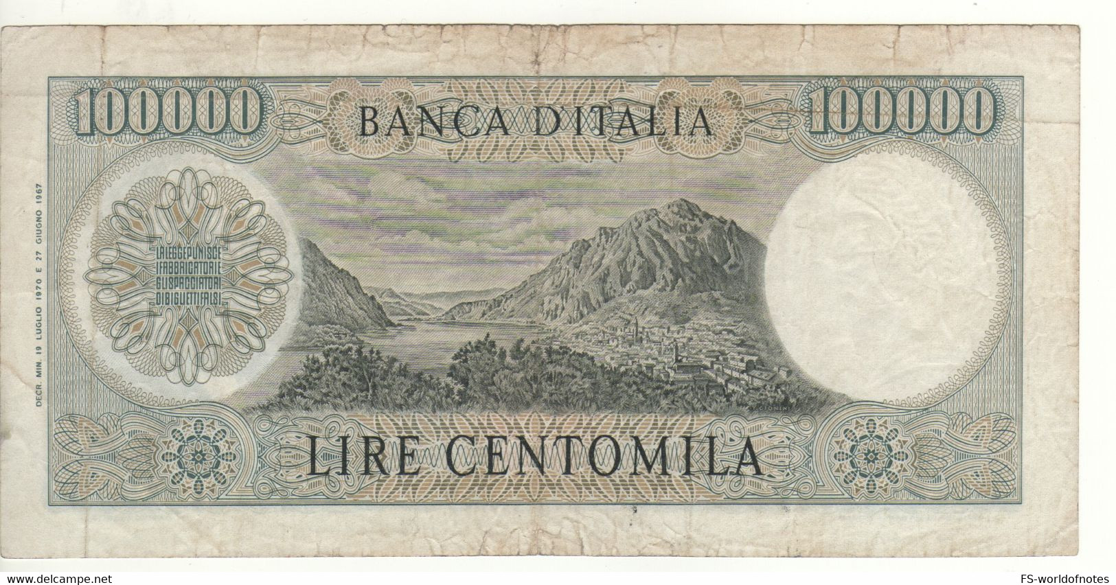 ITALY  100'000 Lire  P100b  Date  19.07.1970    "Alessandro Manzoni + Lake Come At Back"  Sign. Carli & Lombardo - 100.000 Lire