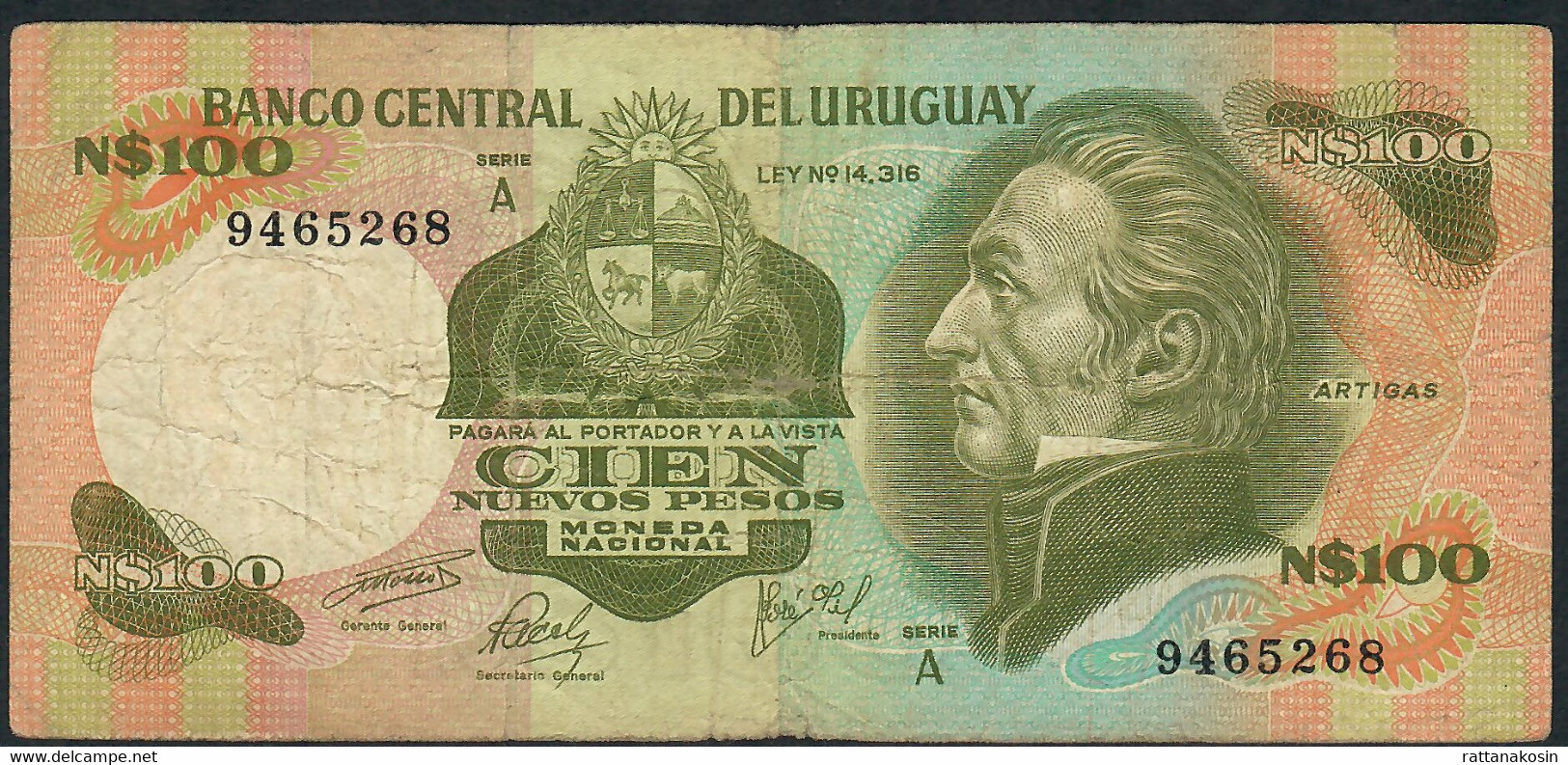 URUGUAY P60 100 NUEVOS PESOS 1975 Serie A Signature 14a VERY RARE VARIETY  FINE - Uruguay