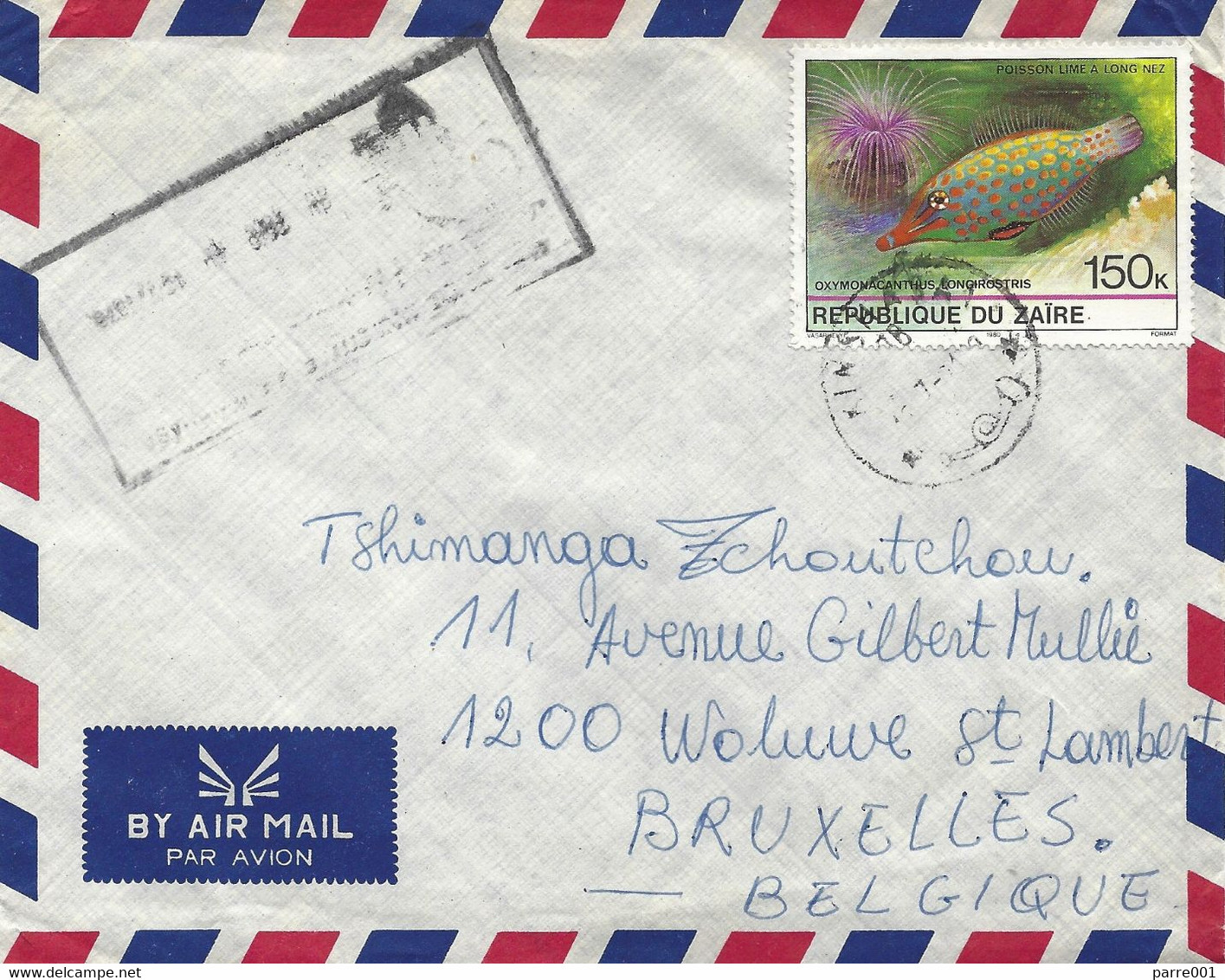 Zaire Congo 1981 Kinshasa Harlequin Filefish Oxymonacanthus Longirostris Handstamp Cover - Used Stamps