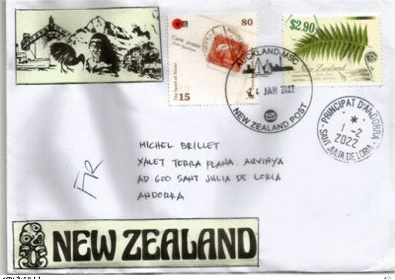 Fougère Argentée/ Silver Fern. Haute Faciale  $ 3,70, Sur Lettre 2022 Auckland N-Z, Adressée Andorra, Avec Timbre à Date - Lettres & Documents