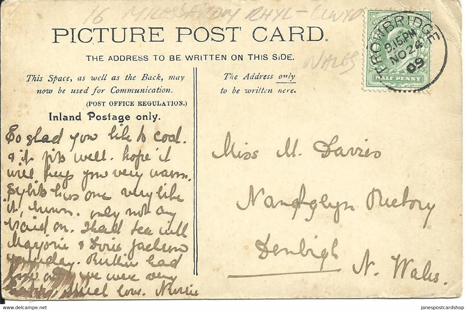 DENBIGH - DR. PIERCE'S MONUMENT - DENBIGHSHIRE - WALES - WITH TROWBRIDGE POSTMARK - 1909 - Denbighshire