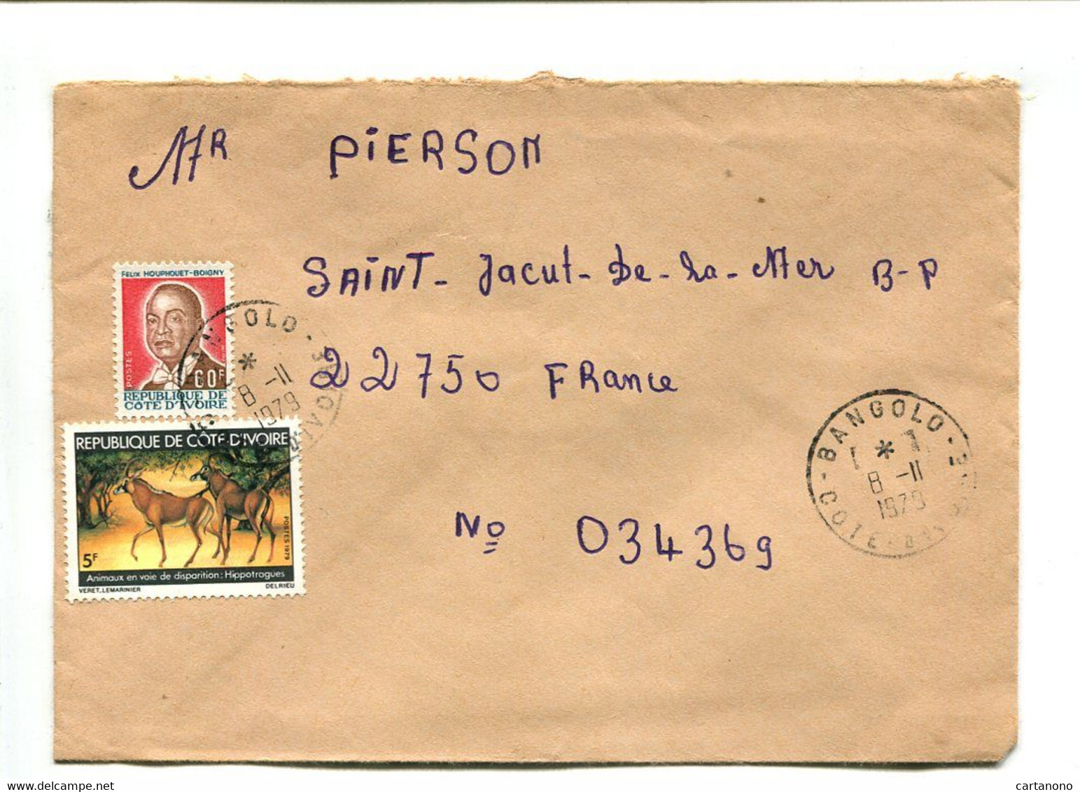 COTE D'IVOIRE Bangolo 1973 - Affranchissement Sur Lettre - Animaux En Voie De Dispariton - Côte D'Ivoire (1960-...)