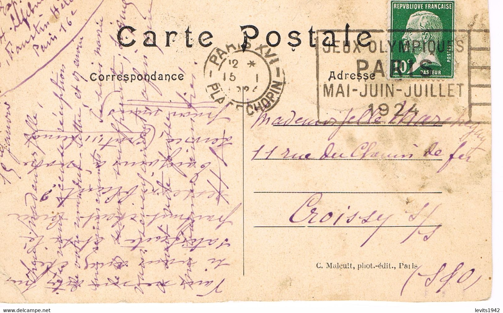 MARQUE POSTALE -  JEUX OLYMPIQUES 1924 - PLACE CHOPIN - 15-01-1924 - - Estate 1924: Paris