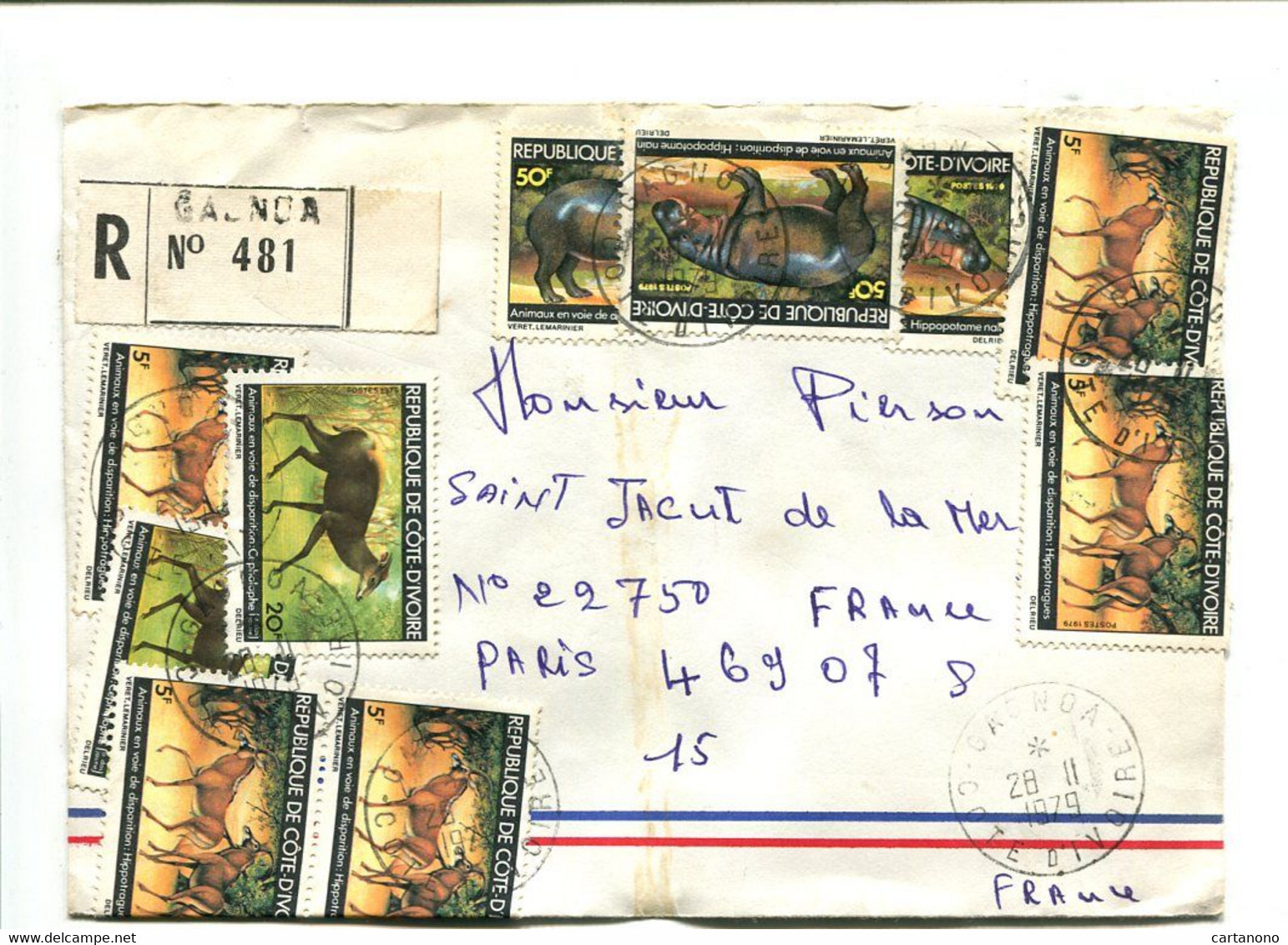 COTE D'IVOIRE 1979 - Affranchissement Sur Lettre Recommandée - Hippopotame - Ivory Coast (1960-...)