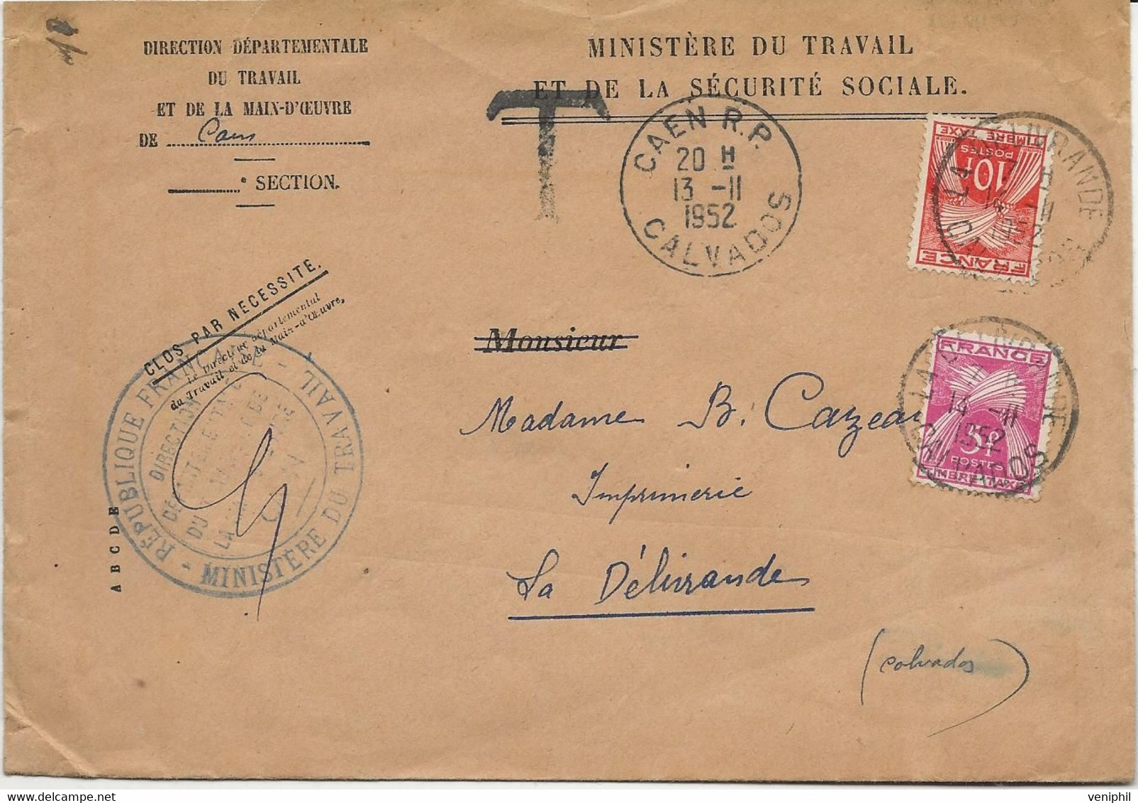 LETTRE TAXEE N° 85 ET 86 OBLITEREE CAD CAEN RP -1952 - 1960-.... Storia Postale