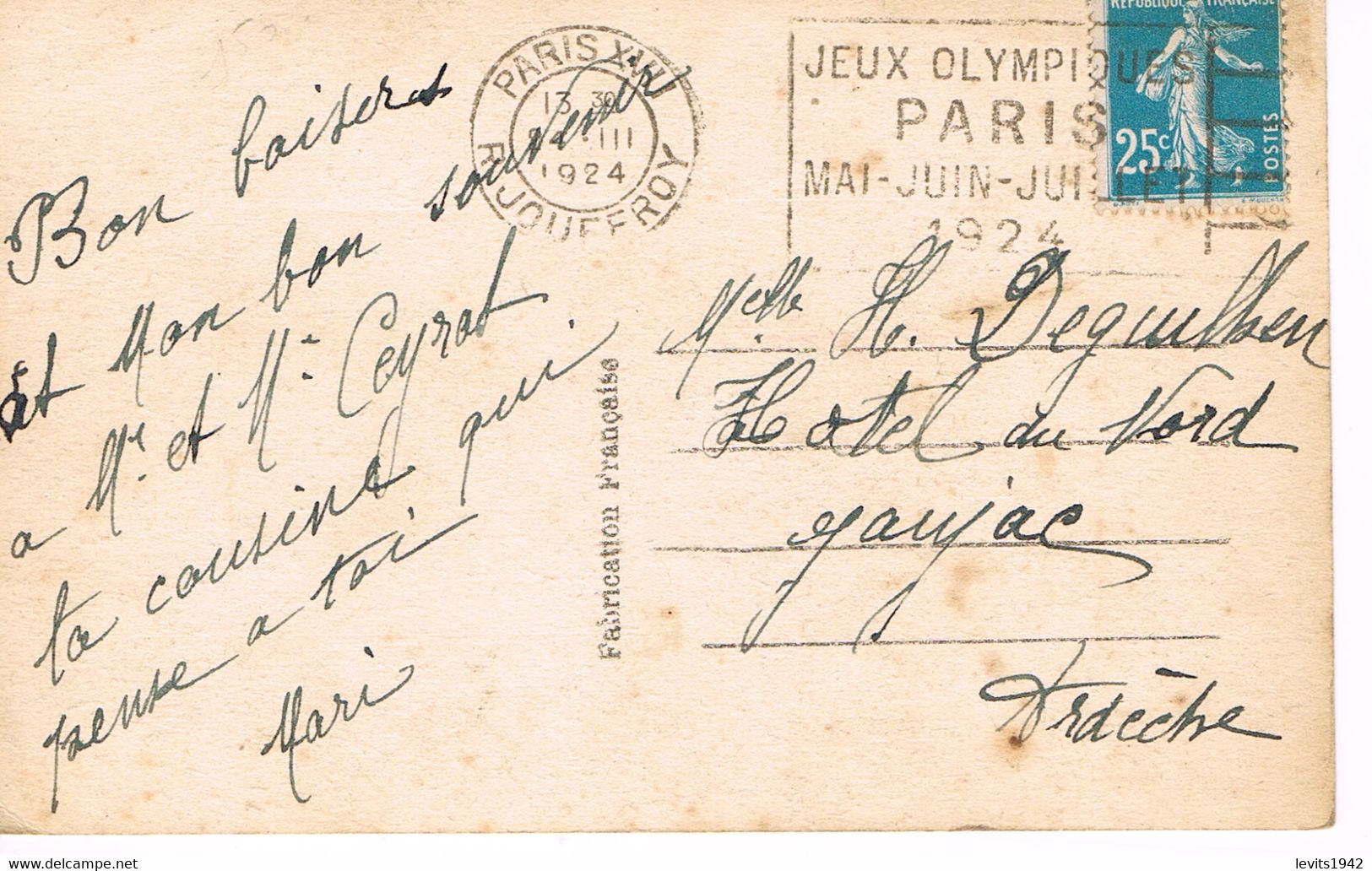 MARQUE POSTALE -  JEUX OLYMPIQUES 1924 - RUE JOUFFROY- 24-03-1924 - - Verano 1924: Paris